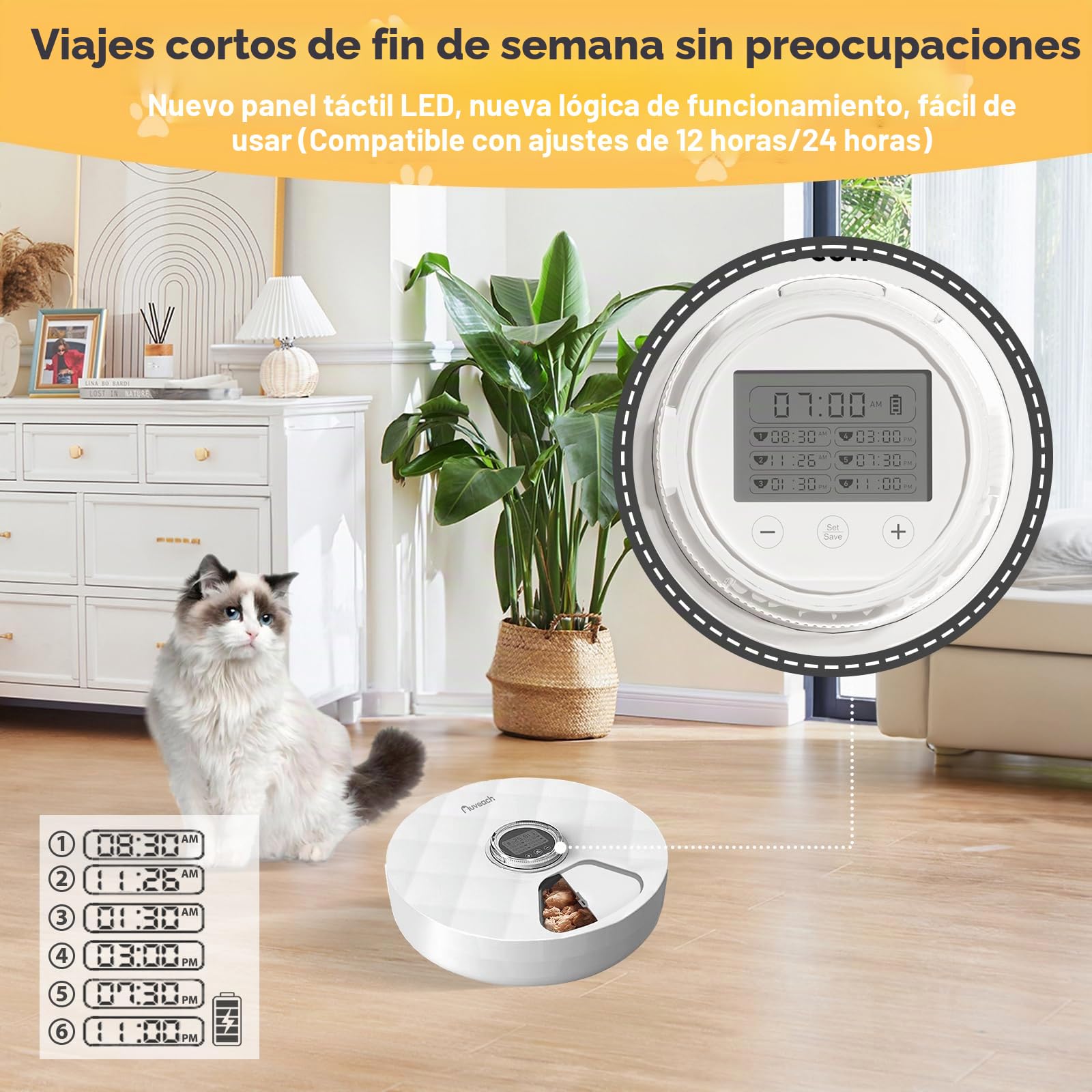 Comedero Automático Comida Humeda para Gatos Alimentador Automatico Gatos con Temporizador Programable y 6 Comidas Dos Paquetes de Hielo para Comida Seca y Húmeda, Protección de Patas