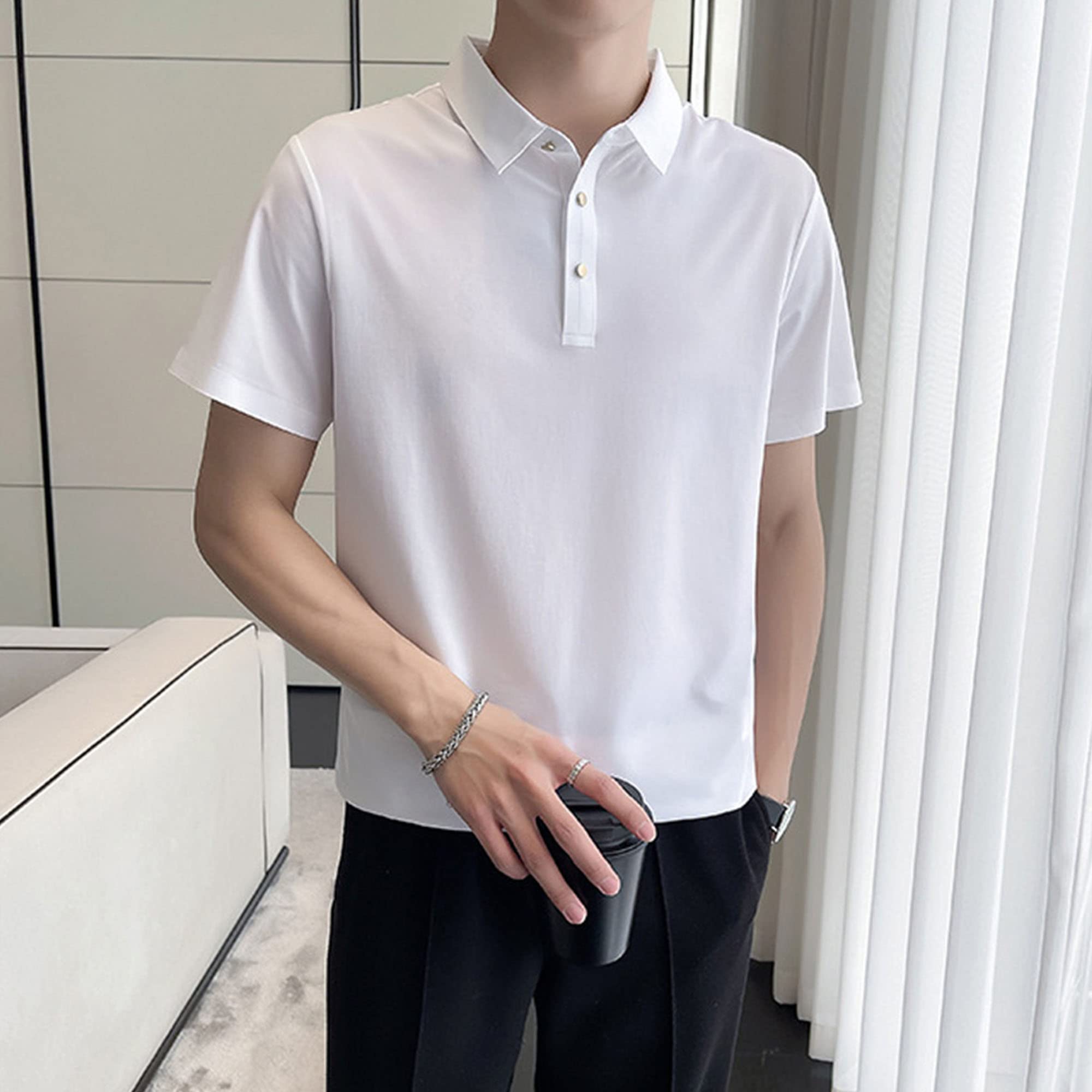 Men's Lapel Button Ice Silk Shirt Lapel Short Sleeve Golf Tee Shirts Casual Solid Color Blouses for Men (White,Medium)