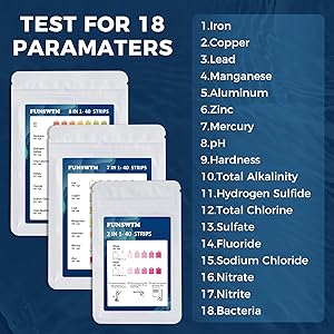 Home Water Testing Kits for Drinking Water: 18 in 1 200 Strips + 5 Bacteria Tests Kit- Well Tap Home Water Test Strips for Lead Bacteria Fluoride Hardness Iron pH and More