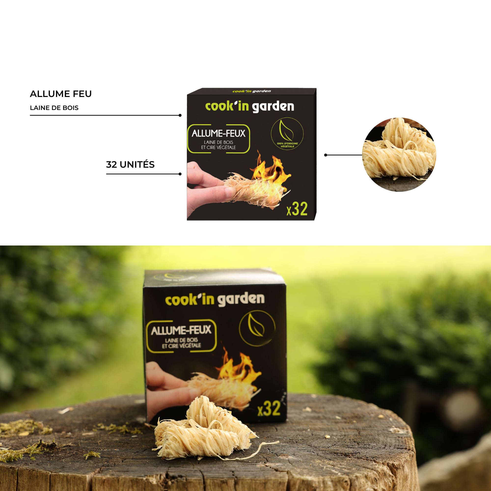 Cook’in Garden Allume-Feu 32 Cubes Laine de Bois FSC® 100% Barbecue Brasero Poêle Cheminée