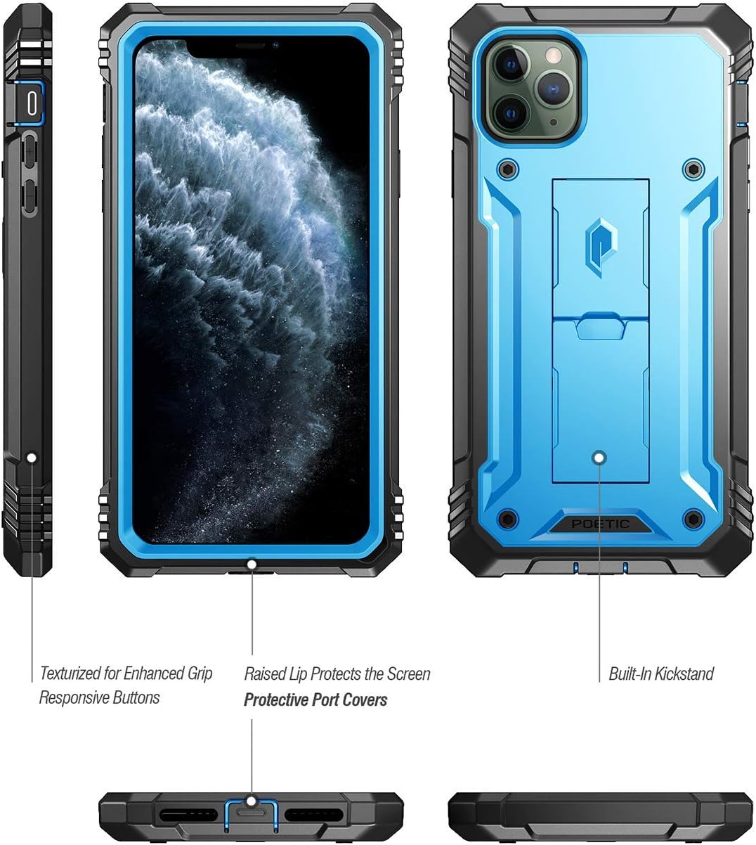 Suреr Sаlе 🛒 iPhone 11 Pro Max Rugged Case with Kickstand, Poetic Full-Body Dual-Layer Shockproof Protective Cover, Built-in-Screen Protector, Revolution Series, for Apple iPhone 11 Pro Max (2019) 6.5 Inch, Blue