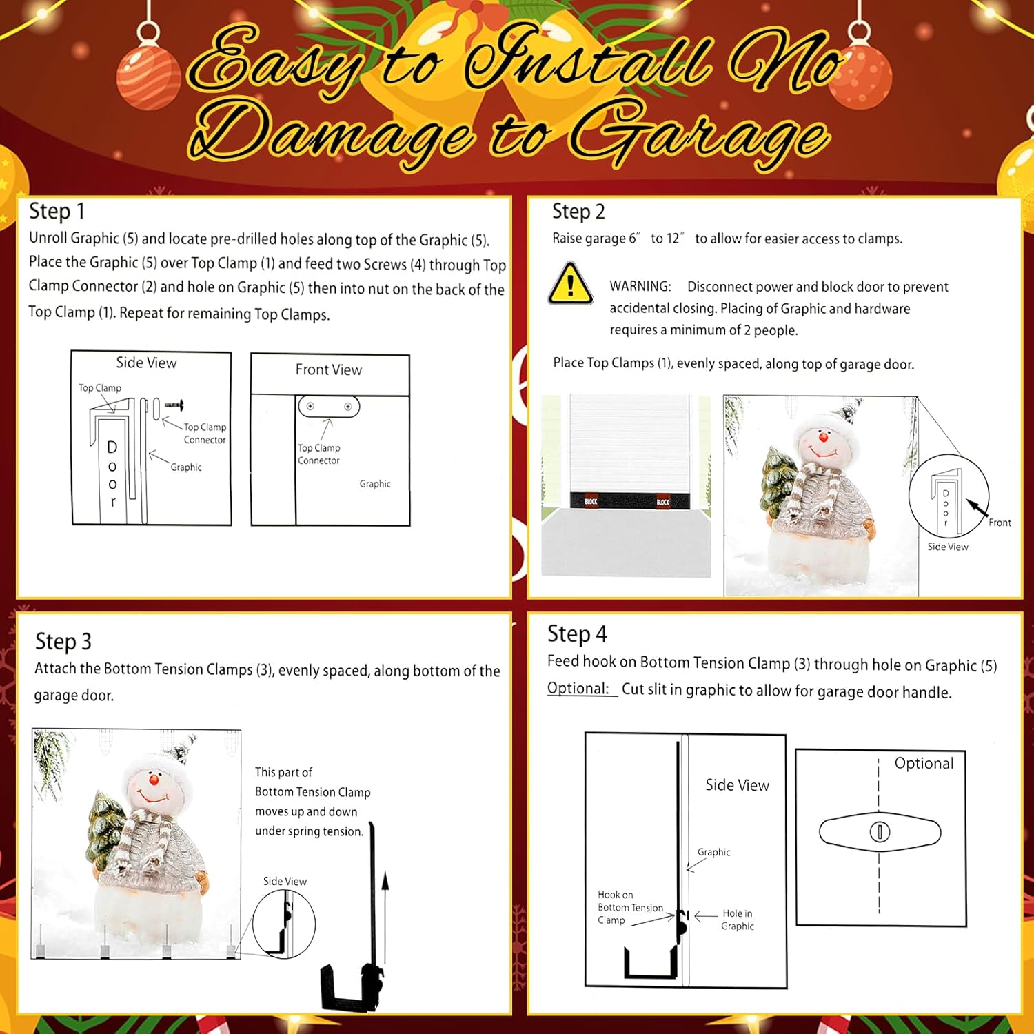 4 Pcs Christmas Garage Door Banner Clamps Garage Door Backdrop Installation Kit Large Banner Cover Hanging Hooks Tools Mural Clips for Christmas Holiday Decorations