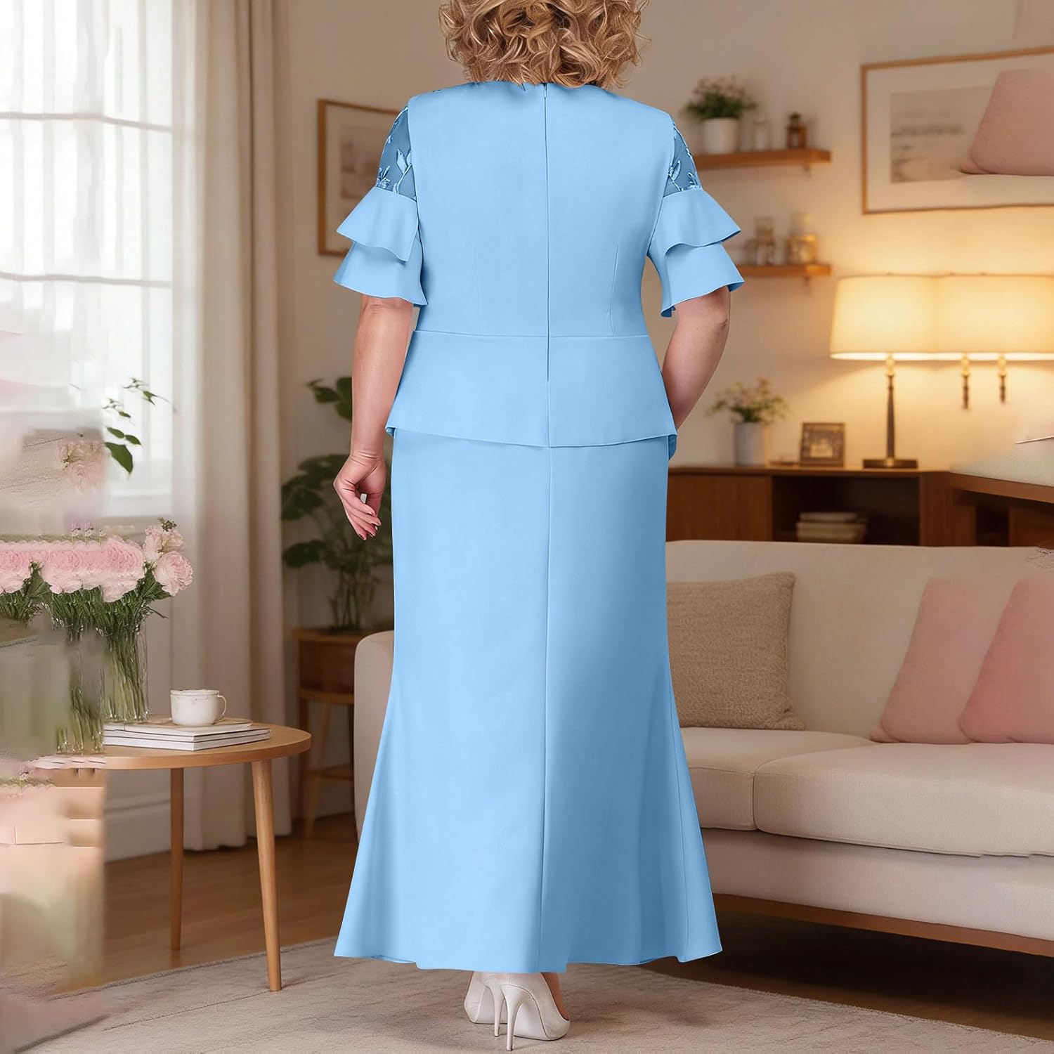 Mother of The Bride 2 Piece Sets Ruffle Short Sleeve Tops High Waist Skirts Plus Size Formal Evening Sets