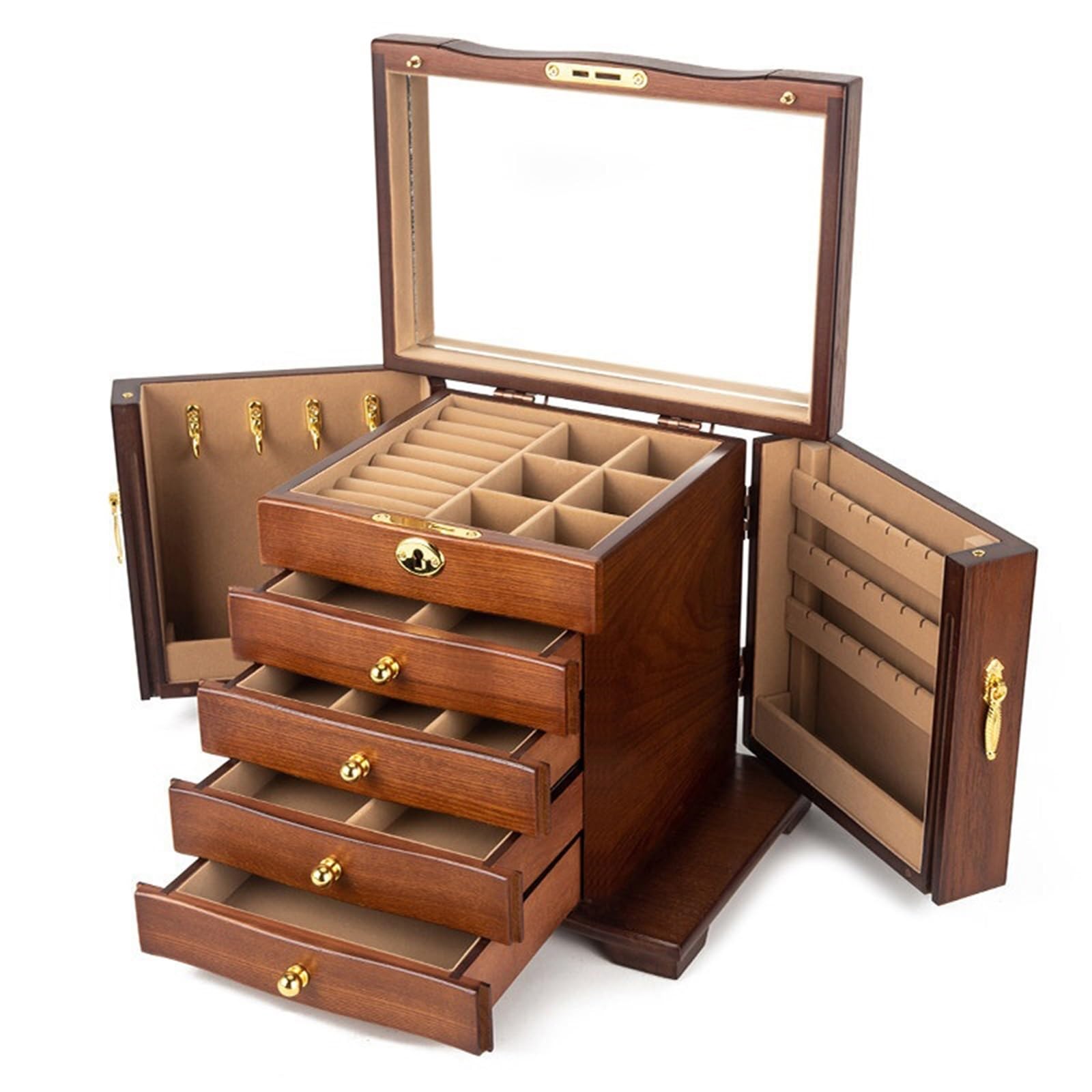 CLQYXRMVC Jewelery Box Wooden Jewelry Box 5-Tier Vintage Case With Mirror For Earrings, Rings, Necklaces, And More Jewellry Organizer Case(Bruin)