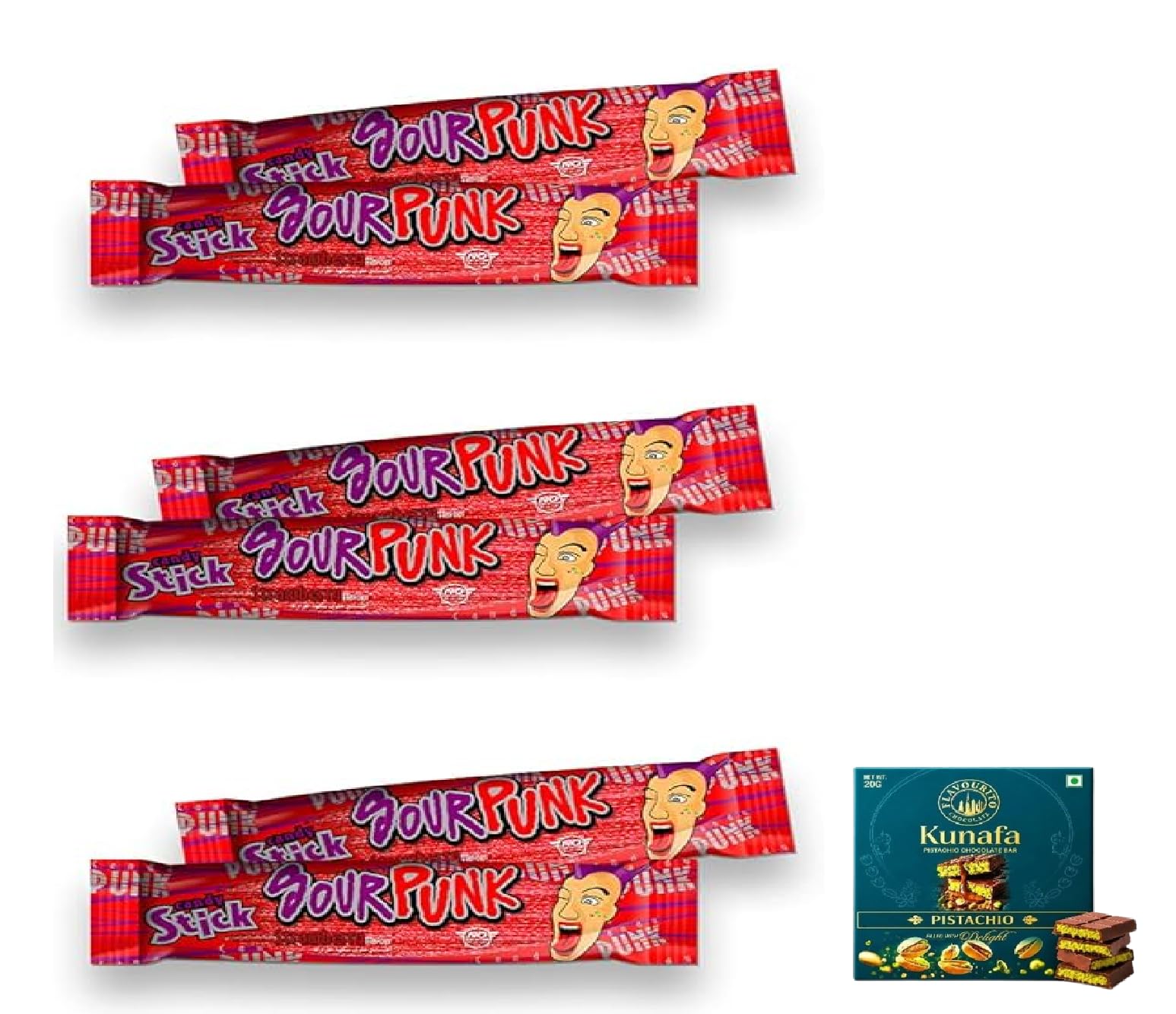 Sour Punk Strawberry Flavour Candy Sticks Sweet & Sour Chewy Candy, Individually Wrapped, 40g Each,(Pack of 6),Get Free Flavourito Kunafa Pistachio Chocolate Bar, 20g By Decadent Foods (Imported-Thailand)-image-12