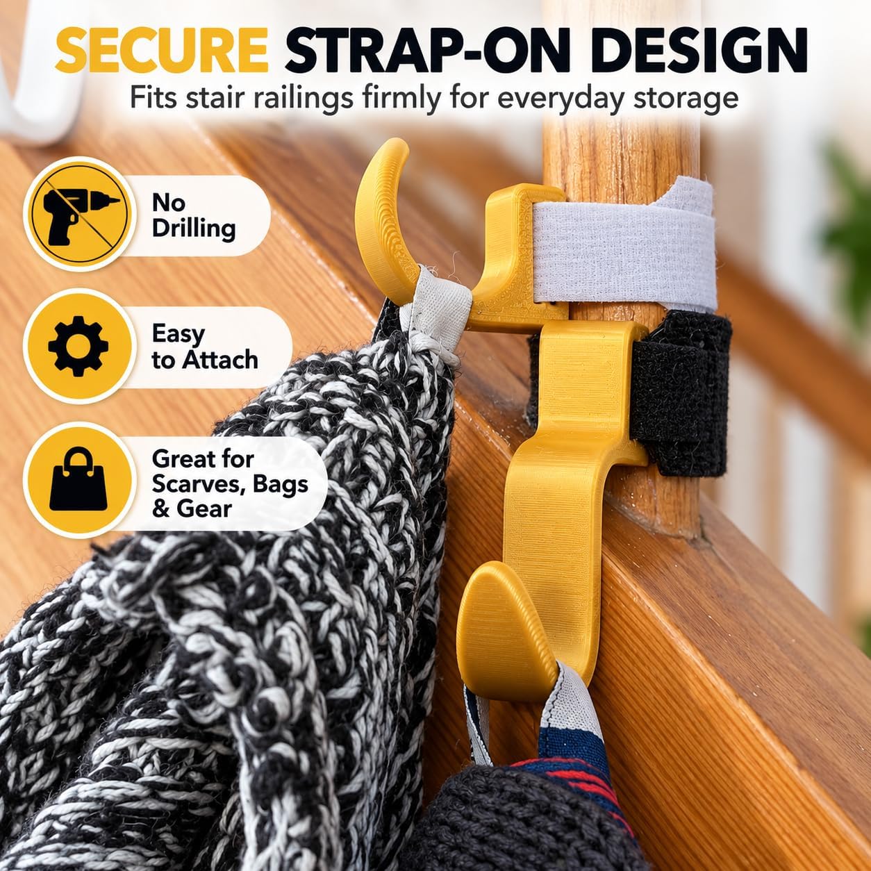 Stair Railing Hooks, No Drill Staircase Banister Hooks with Adjustable Strap, Space Saving Storage Organizer for Jackets, Bags, Helmets, Towels and Accessories, Set of 4 (4*Chonky S-Hooks)