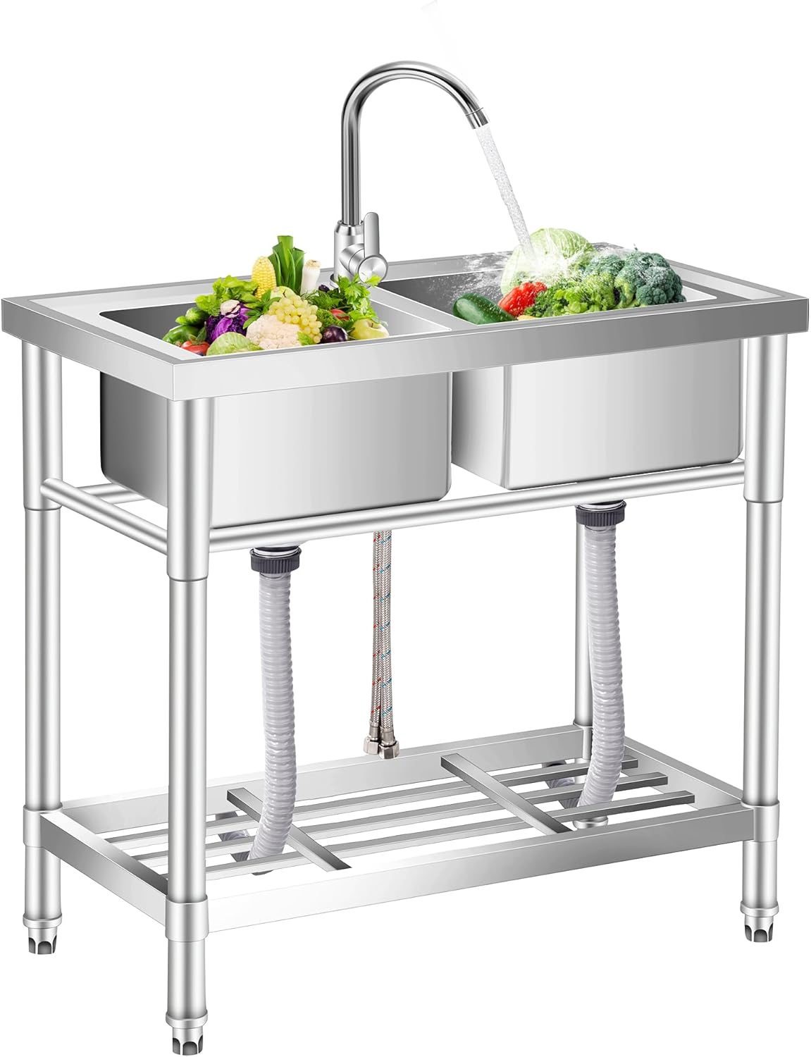 Stainless Steel Utility Sink, Free Standing Laundry Sinks with Faucet, Cold/Hot Water Pipe & Storage Shelves, 33in Commercial Double Bowl Sink for Food Prep, Washing