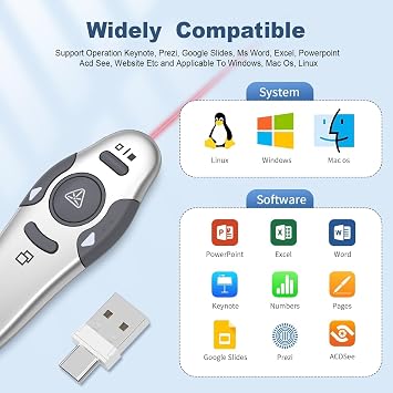 QUI Presentation Clicker Wireless Presenter Remote Clicker for PowerPoint Presentation Remote, PowerPoint Slide Advancer for Mac/Windows/Google Slide/Keynote, Silver, A-C