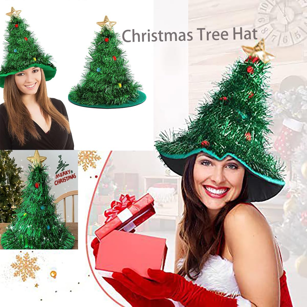 AUOCATTAIL Christmas Tree Hat Green Tinsel Glitter Golden Five pointed Star ChristmasTheme Party Holiday Xmas Hats Costume Accessories Decoration Supplies - Image 2