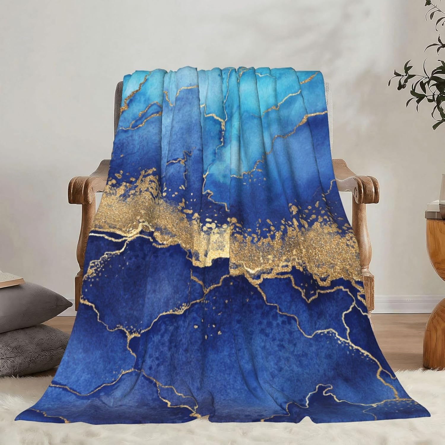 Blue Gold Marble Throw Blankets All Season Ultra Soft Warm Fleece Blanket for Home Bed Sofa Couch Chair Outdoor Travel Camping 40x30 Inch - Image 9