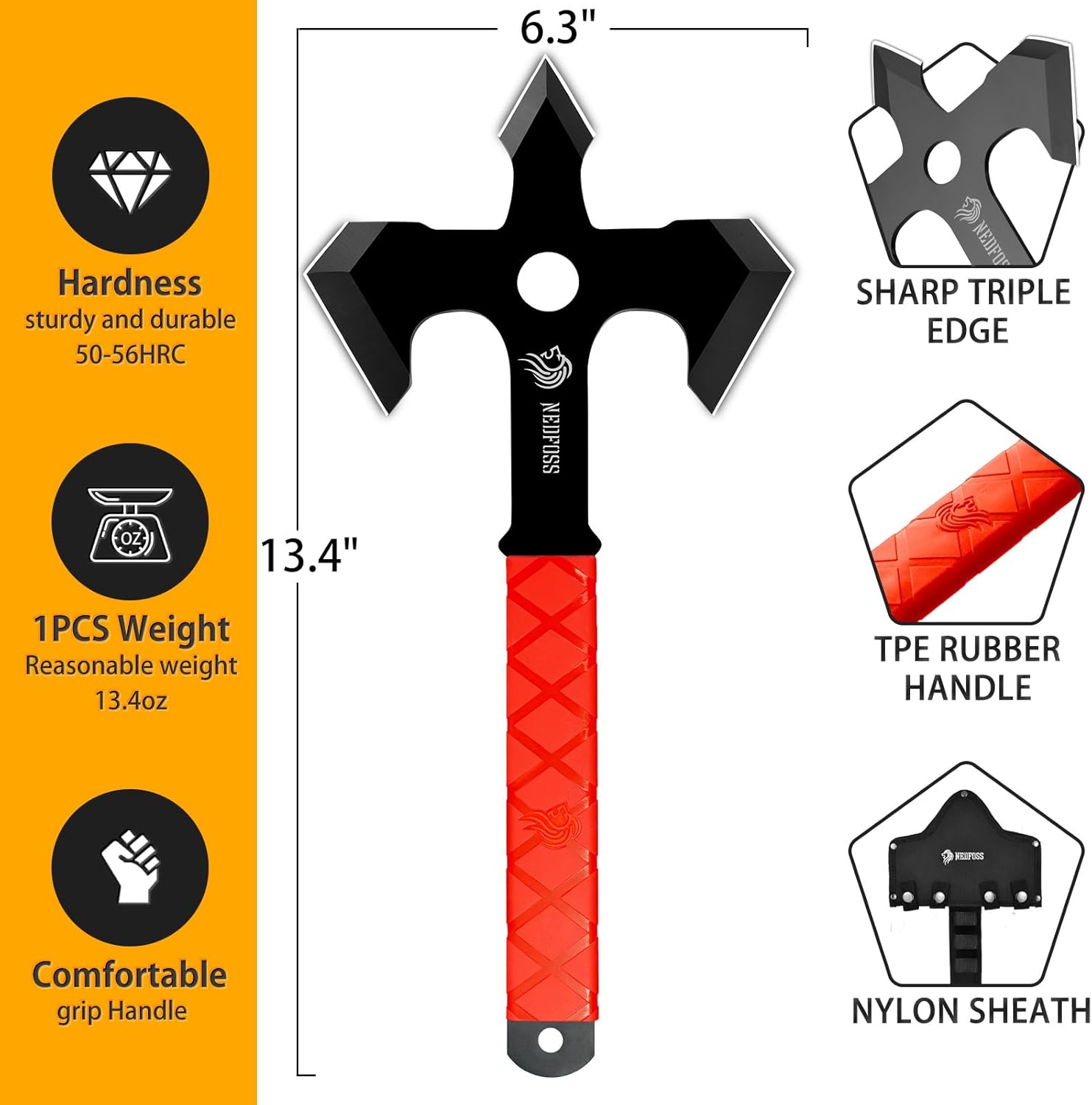 NedFoss Axe Throwing, 11.9" Full Tang Triple Edge Throwing Axe with Sheath TPE Rubber Handle, Axe Throwing Set 3, Axe for Throwing Gifts for Women Men