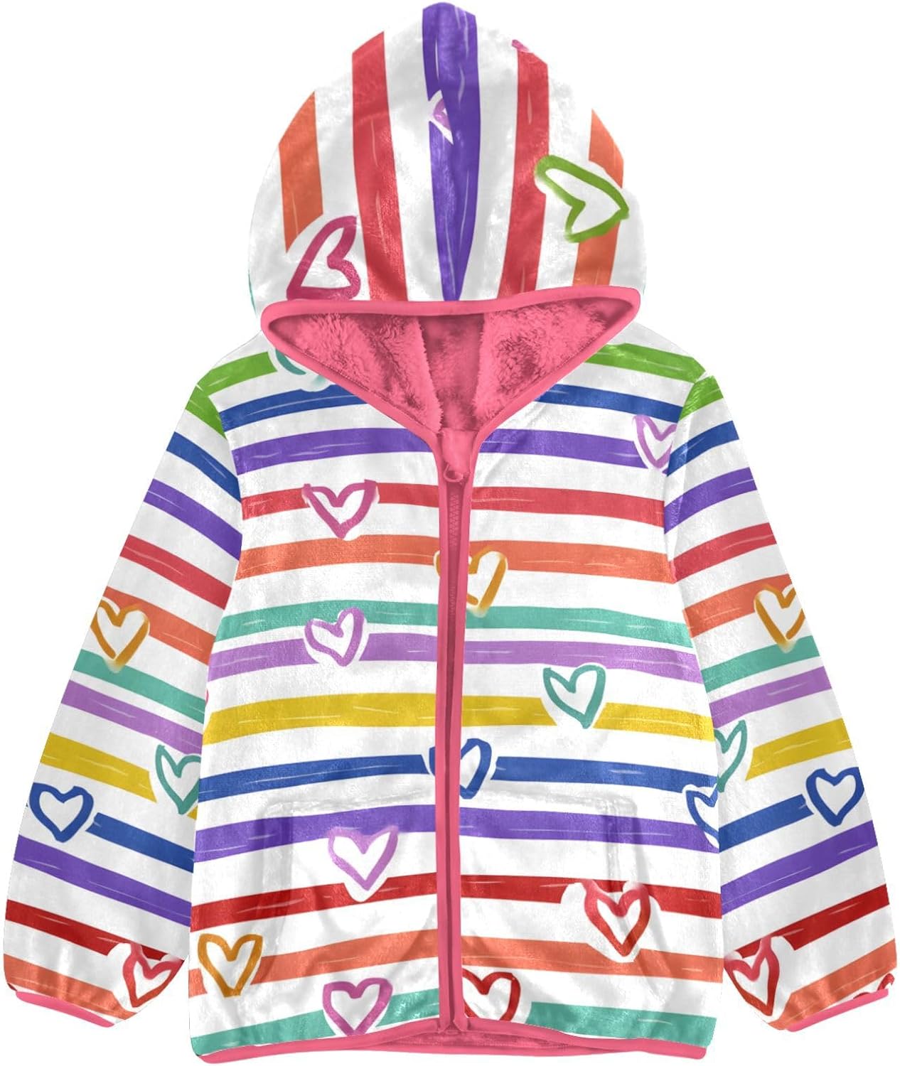 ALAZA Rainbow Heart Stripes Hoodie Jacket for Girls Toddler Fleece Zip Up Coat Plush Jacket for 3 Years