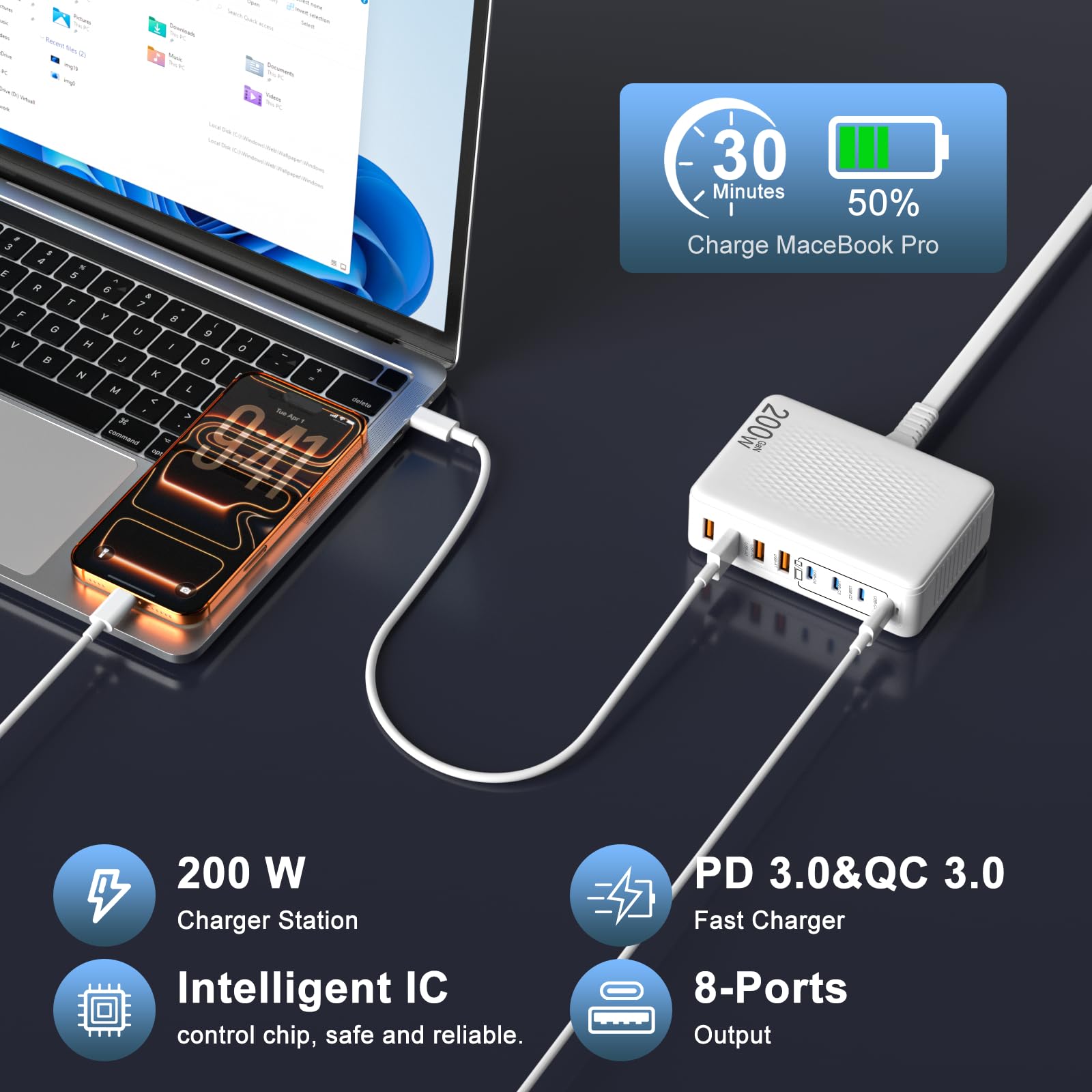 Bloque de carga USB C de 200 W, GaN III de 8 puertos, adaptador de carga rápida PD de 65 W para laptop compatible con todos los MacBook Pro/Air/iPad, DELL, iPhone /1716/15/14/13/Pro Max/Galaxy Pixel