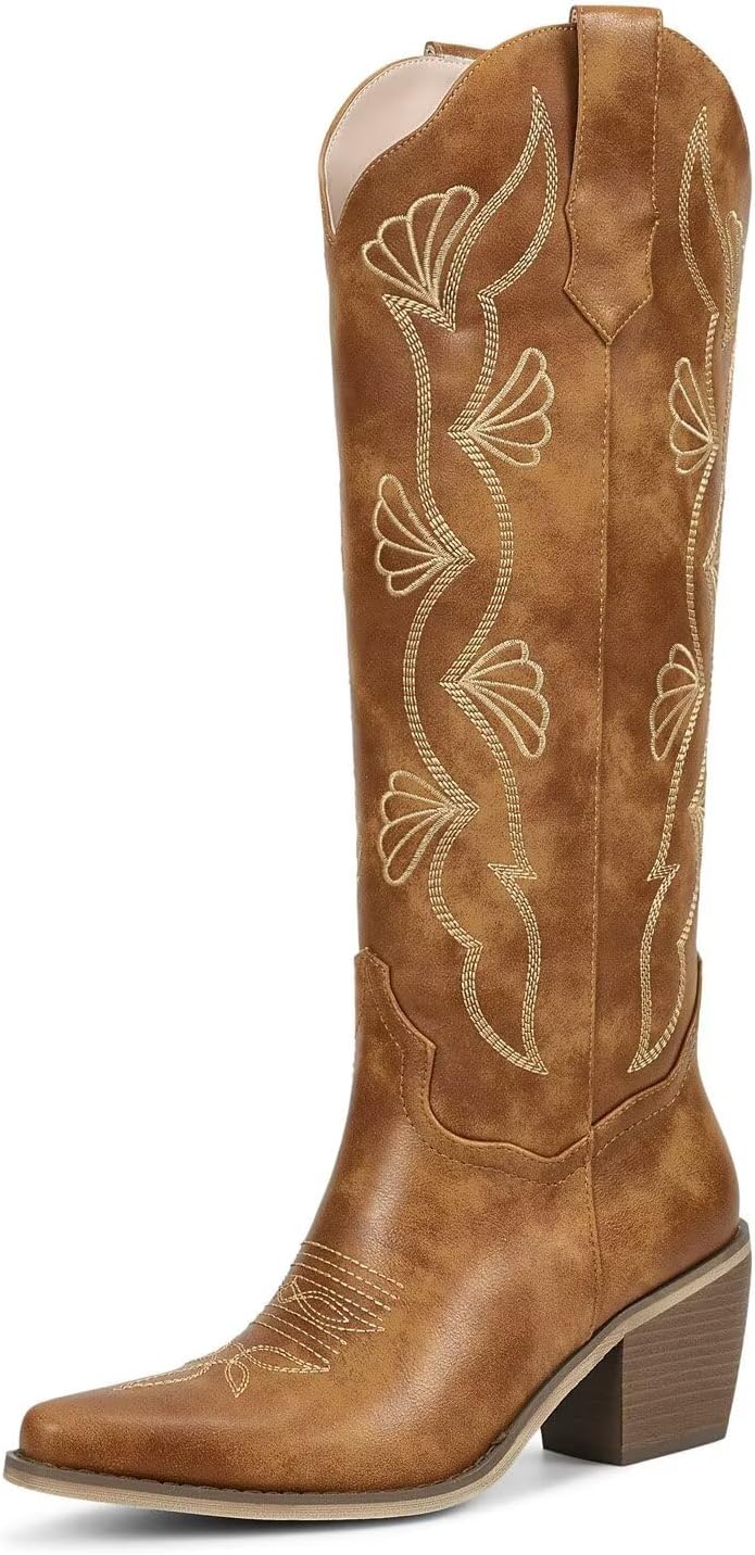 wetkiss Cowboy Boots for Women Knee High Womens Cowgirl Tall Boots with Side Zipper Snip Toe Comfortable Chunky Middle Heel Western Embroidery Boot for Wedding Country Concert Traveling Daily Outfits