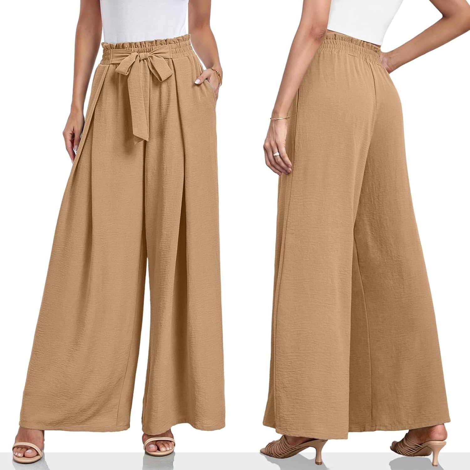 Womens Summer Wide Leg Pants Fashion Dressy Business Pants Drawstring Elastic Waist Boho Pant Solid Color Loose Pant