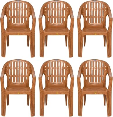 Plastic Chair for Living Room | Set of 6 | Chair for Home, Living Room, Outdoor | Stackable Chair with arm | 100% Virgin Plastic | Chair- 2070 (Sandalwood Colour)
