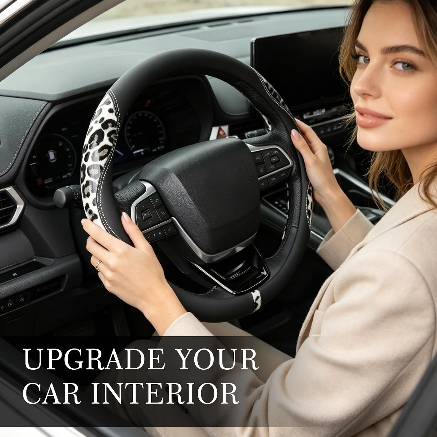 KAFEEK Reversible Leopard Print Steering Wheel Cover for Women, 15 Inch Universal Anti-Slip Microfiber Leather Car Wheel Protector, Luxury Dual-Style, Fits 14.5-15 Inch, Glossy Black Grey Cheetah