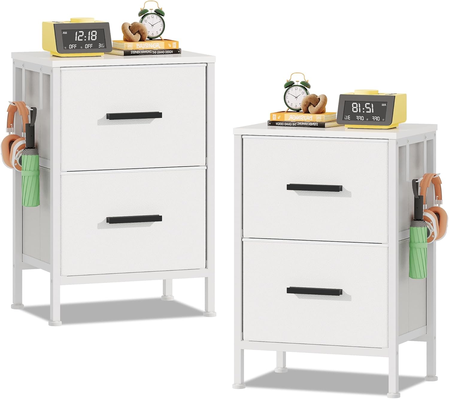 Nightstand 2 Drawer Dresser, Set of 2 Vertical Side Table with Fabric Drawers and 2 Side Hooks, End Table, Bedside Table, Night Stand and Small Dresser for Bedroom, Hallway, Entryway, White