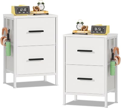 Nightstand 2 Drawer Dresser, Set of 2 Vertical Side Table with Fabric Drawers and 2 Side Hooks, End Table, Bedside Table, Night Stand and Small Dresser for Bedroom, Hallway, Entryway, White