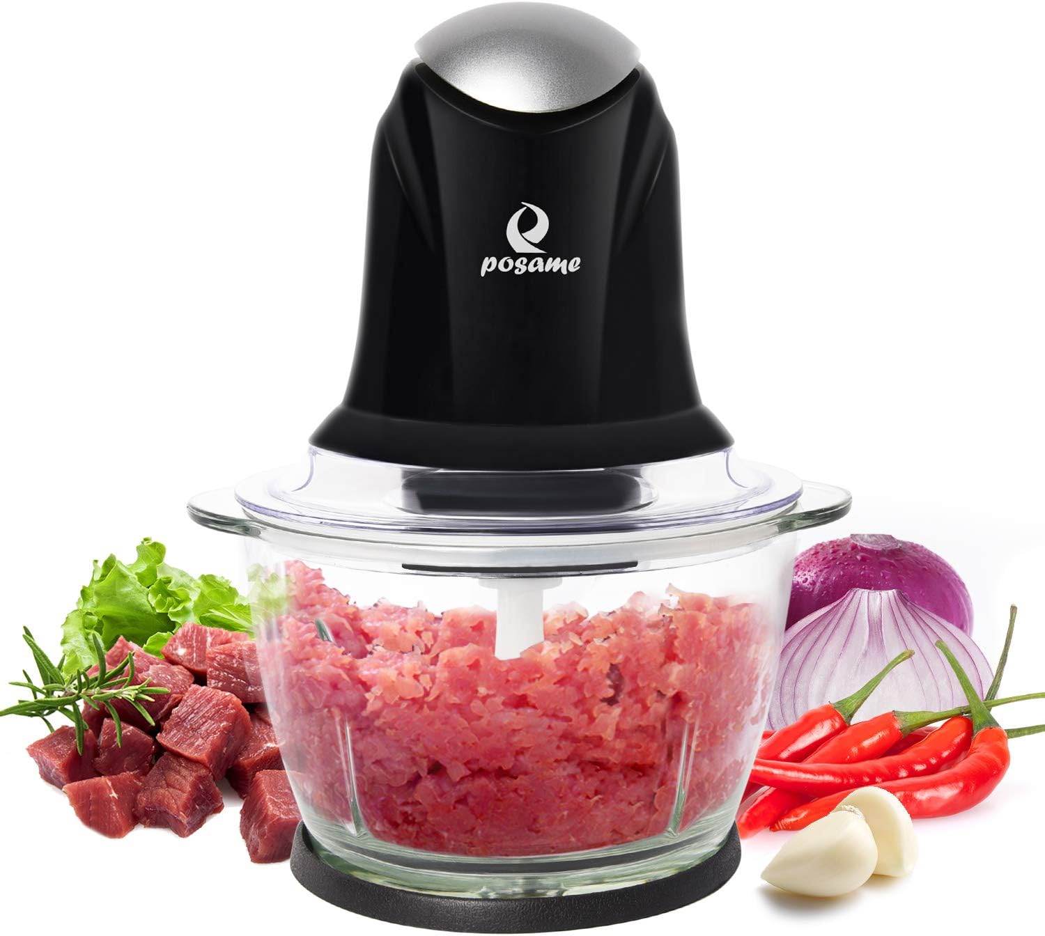 Meat Grinders Electric Food Processor,Mini Kitchen Food Chopper Vegetable Fruit Cutter Onion Slicer Dicer, Blender and Mincer, with 4-Cup Glass Bowl (Black)