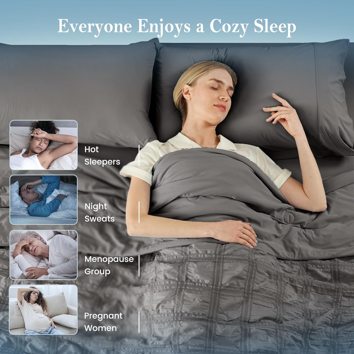 Cozy Bliss Cooling Comforter Seersucker Plaid Queen Size, Q-Max 0.45 Lightweight Cooling Blanket, Breathable Silk Smooth Summer Bedding Quilt for Hot Sleepers Night Sweats Dark Gray
