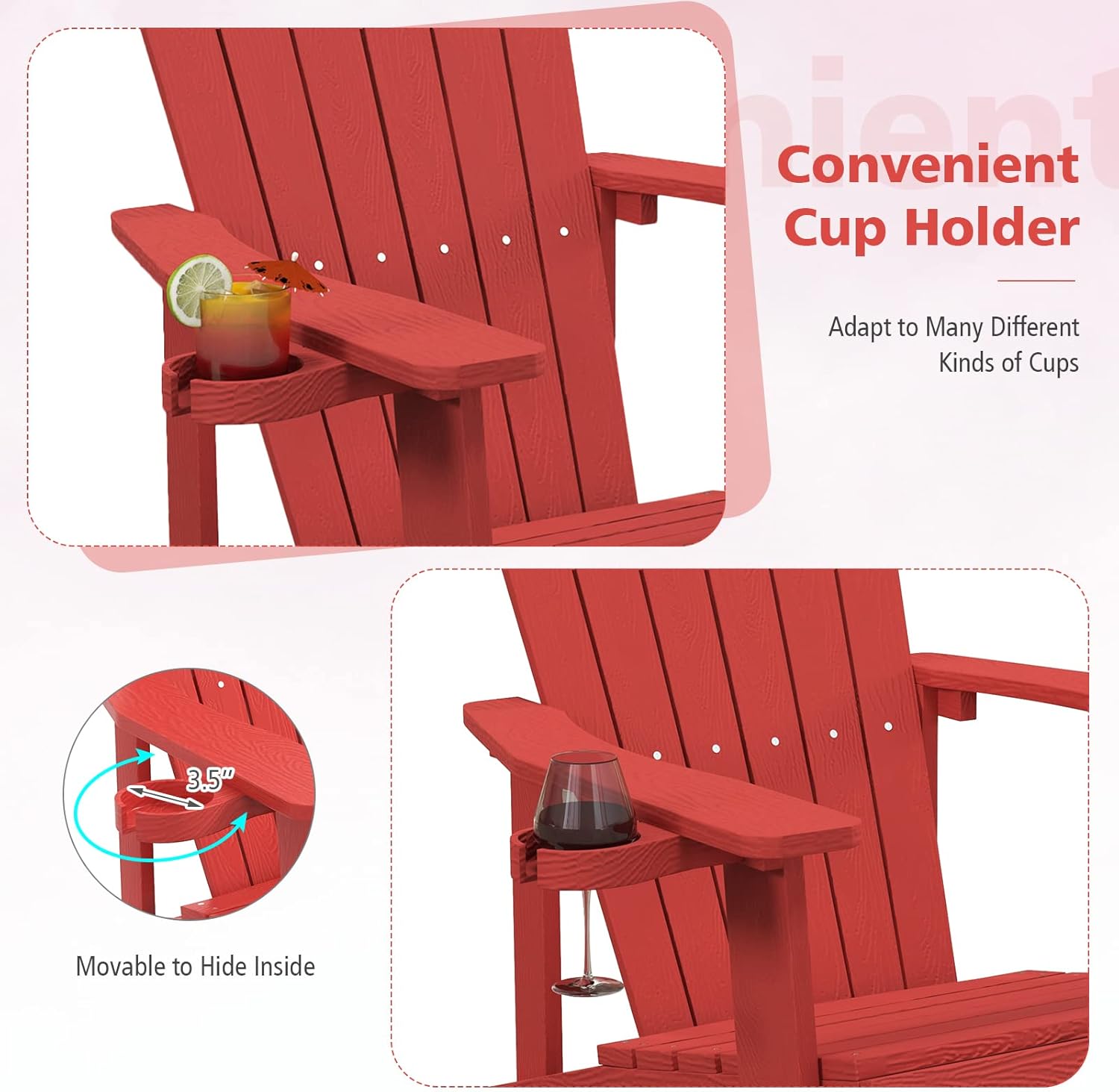 Tangkula Oversized Adirondack Chair, Patio Lounge Chairs w/Adjustable Cup Holder, HIPS Armchairs Slatted Chair, Outdoor Weather Resistant Fire Pit Chair for Deck Backyard Garden Porch (1, Red)