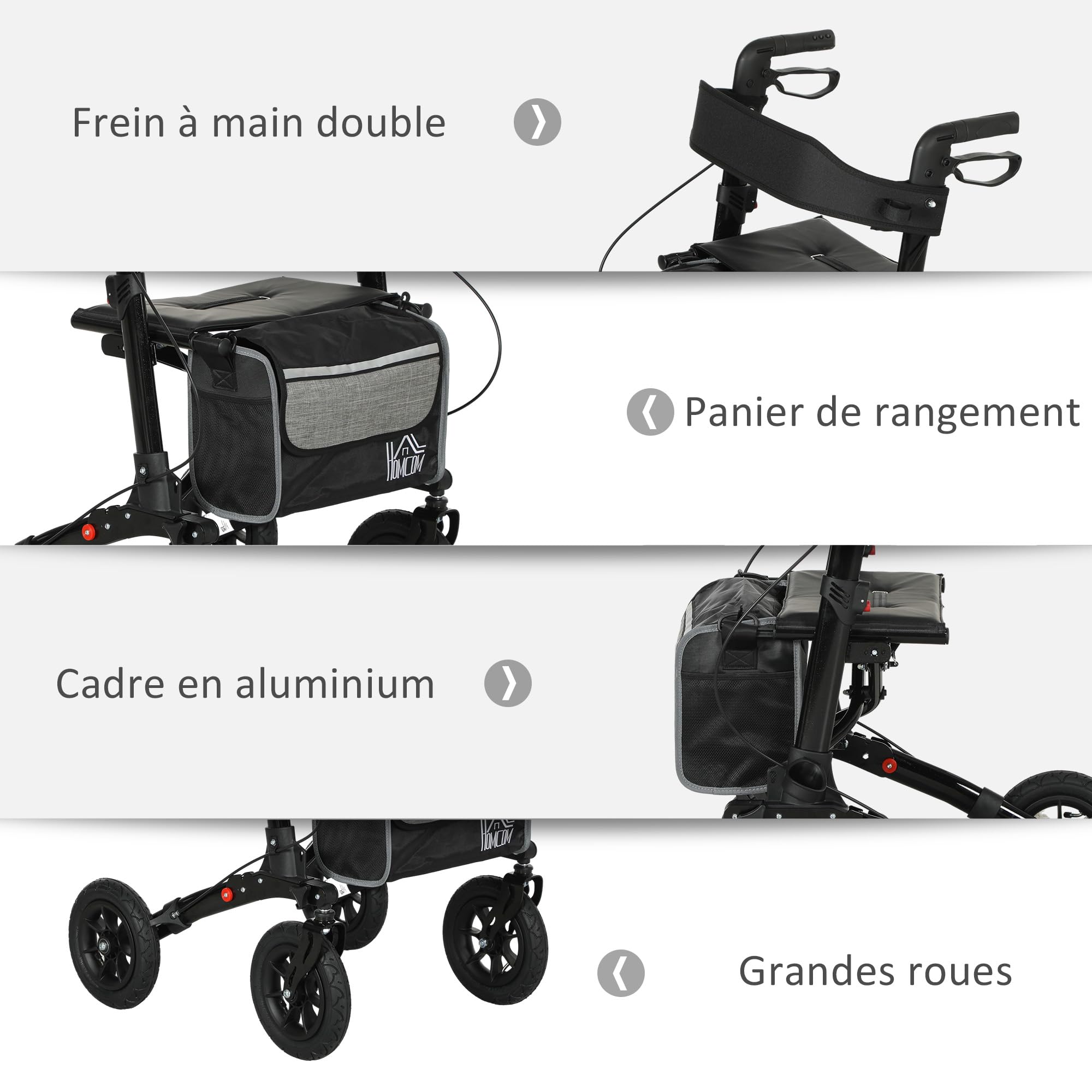HOMCOM Déambulateur 4 roues pliable, rollator en aluminium léger, siège rembourré, dossier, poignée réglable, sac rangement, double frein, roues tout-terrain, déambulateur pour personnes âgées, noir