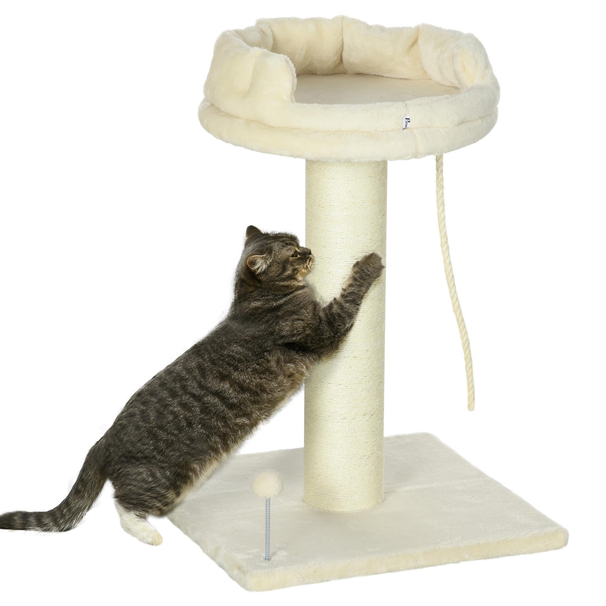 PawHut Árbol para Gatos de 83 cm, Torre para Gatos de Interior con Postes rascadores de sisal, Cama ampliada para Gatitos, Pelota y Juguete de Cuerda, Color Crema