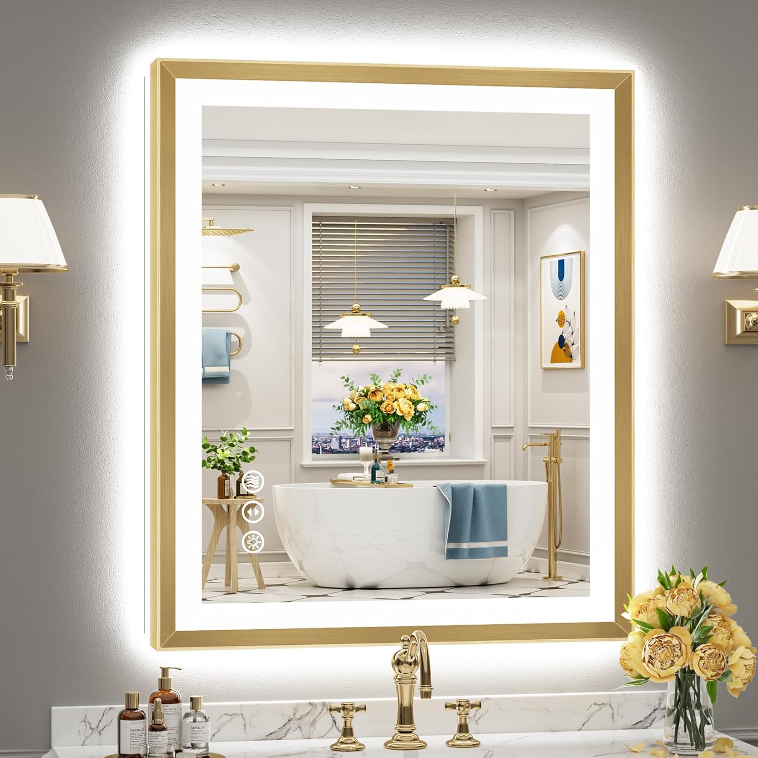 30x36 Gold Beveled LED Bathroom Mirror with Lights, Brushed Gold Framed Backlit and Front Lit Anti-Fog Lighted Vanity Mirrors for Bathroom Wall, Dimmable, 3 Colors, Memory, HD Tempered Glass
