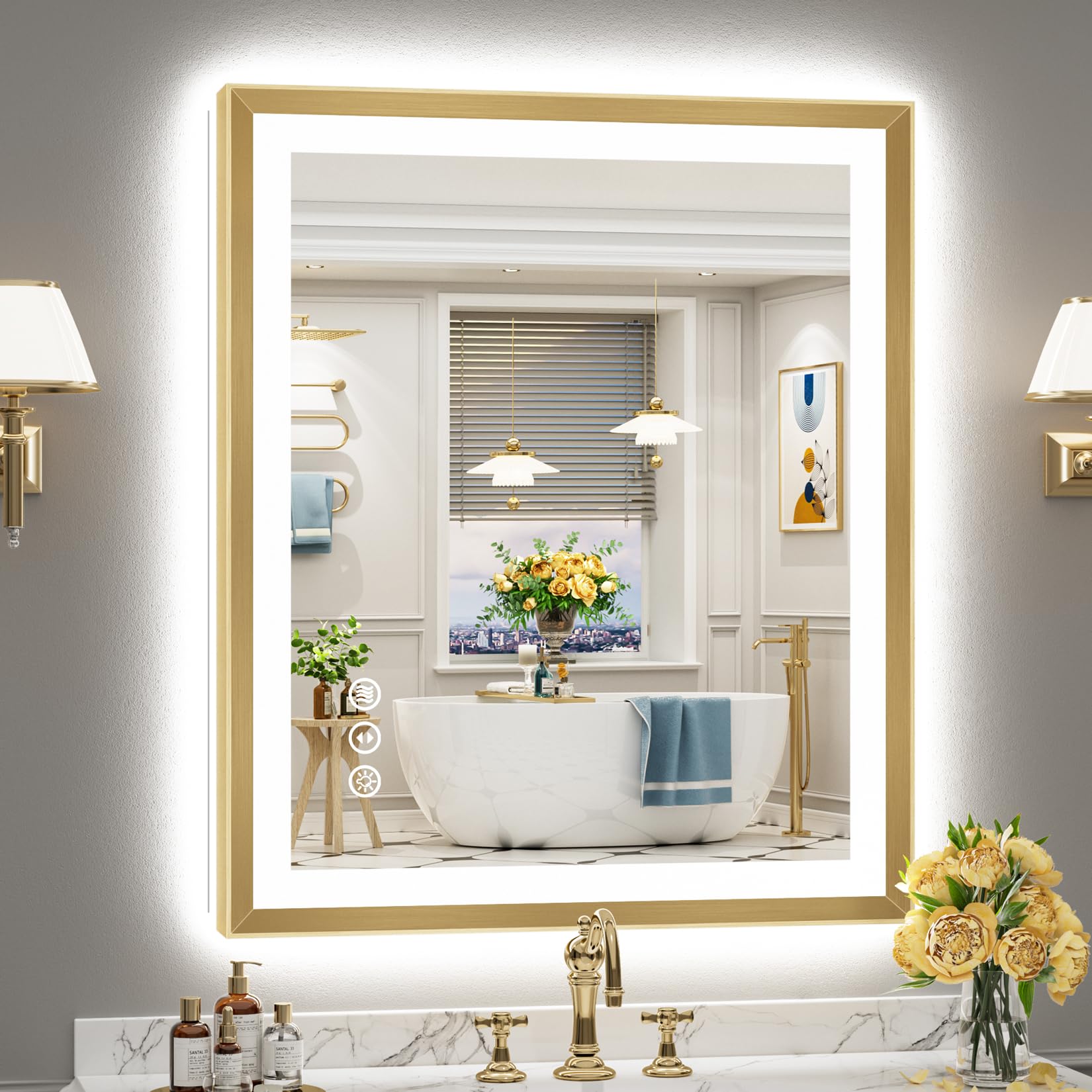 30x36 Gold Beveled LED Lighted Bathroom Mirror, Backlit &amp; Front Lit