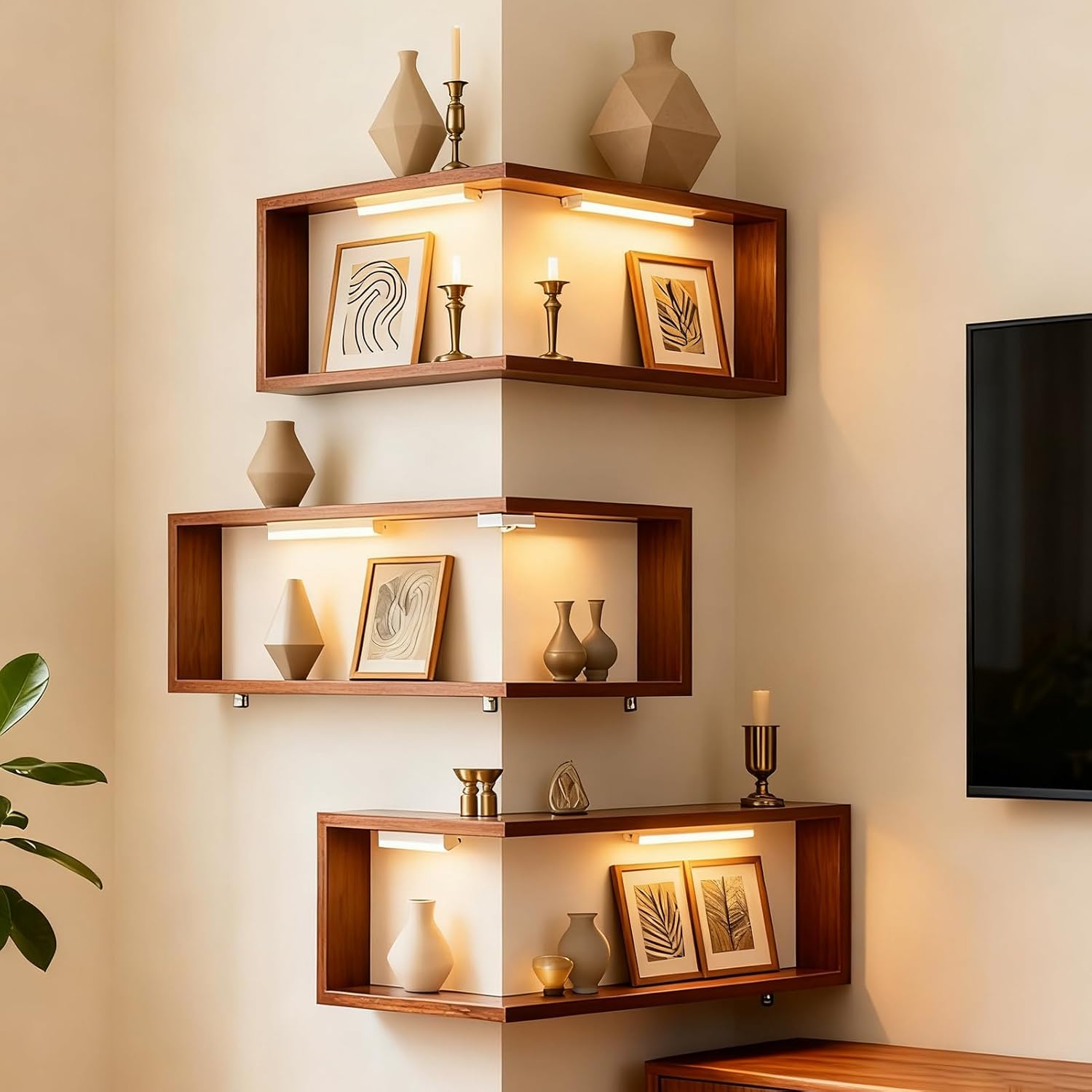 Illuminated Corner Shelves with Remote, Smart LED Corner Shelf with Light for Figurines, Collectibles & Ornaments, Floating Wall Mounted Lighted Display Rack for Home Decor (with Light)