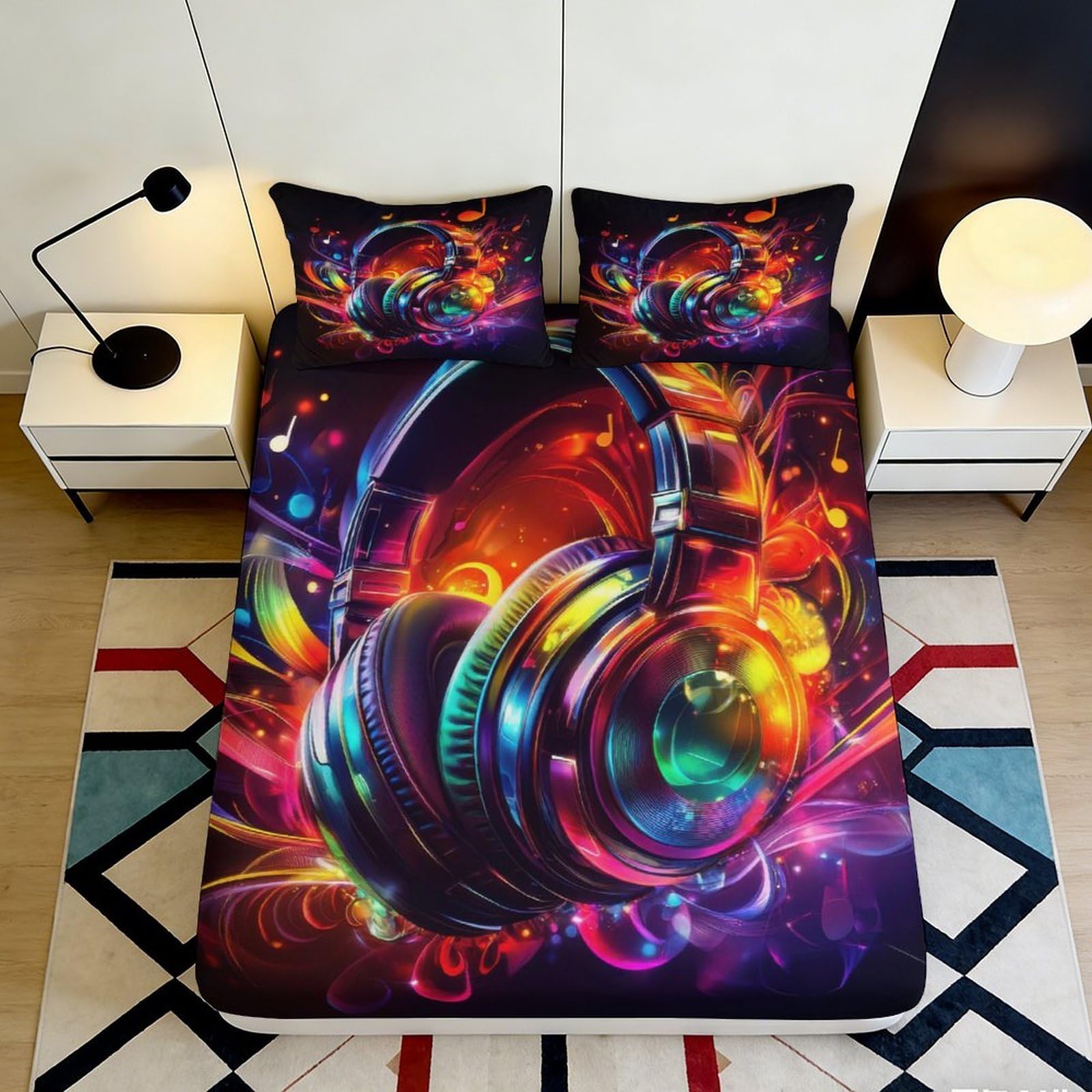 3D Printed Neon Headphones Fitted Sheet Microfiber Soft Breathable Colorful Music Notes Mattress Cover for Bedroom Dormitory Guest Room Protection Decoration 160x200x25cm