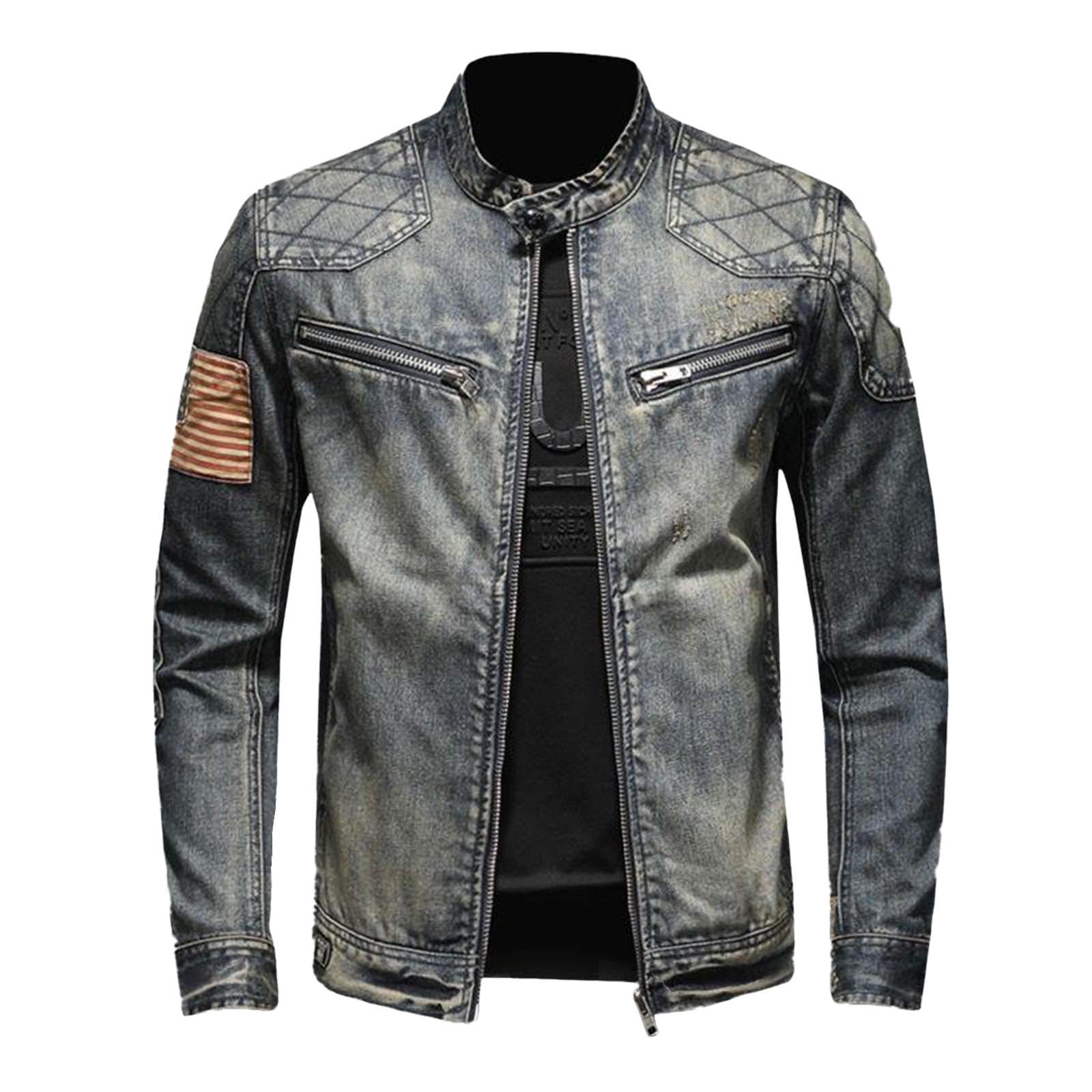 Chaqueta vaquera vintage para hombre con cremallera, cuello alto, estilo motero, corte ajustado, chaqueta clásica de camionero en diseño vaquero, chaqueta informal de moto, chaqueta de