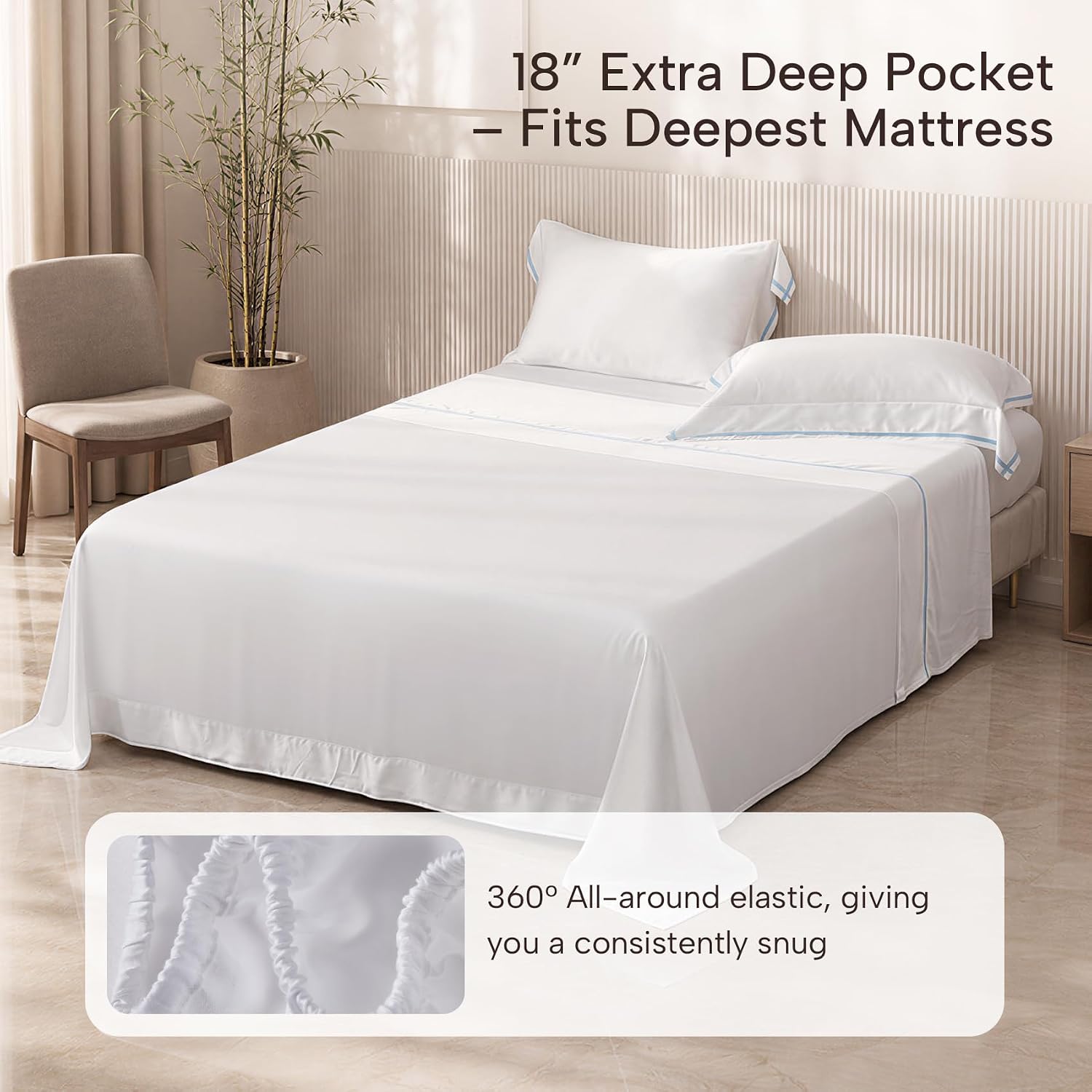 JSELF 100% Viscose Derived from Bamboo Sheet Set, Hotel Luxury Cooling Bed Sheets for Hot Sleepers & Night Sweats, 18" Deep Pocket, Soft & Breathable, Oeko-TEX(White with Blue Tape, King) image 5