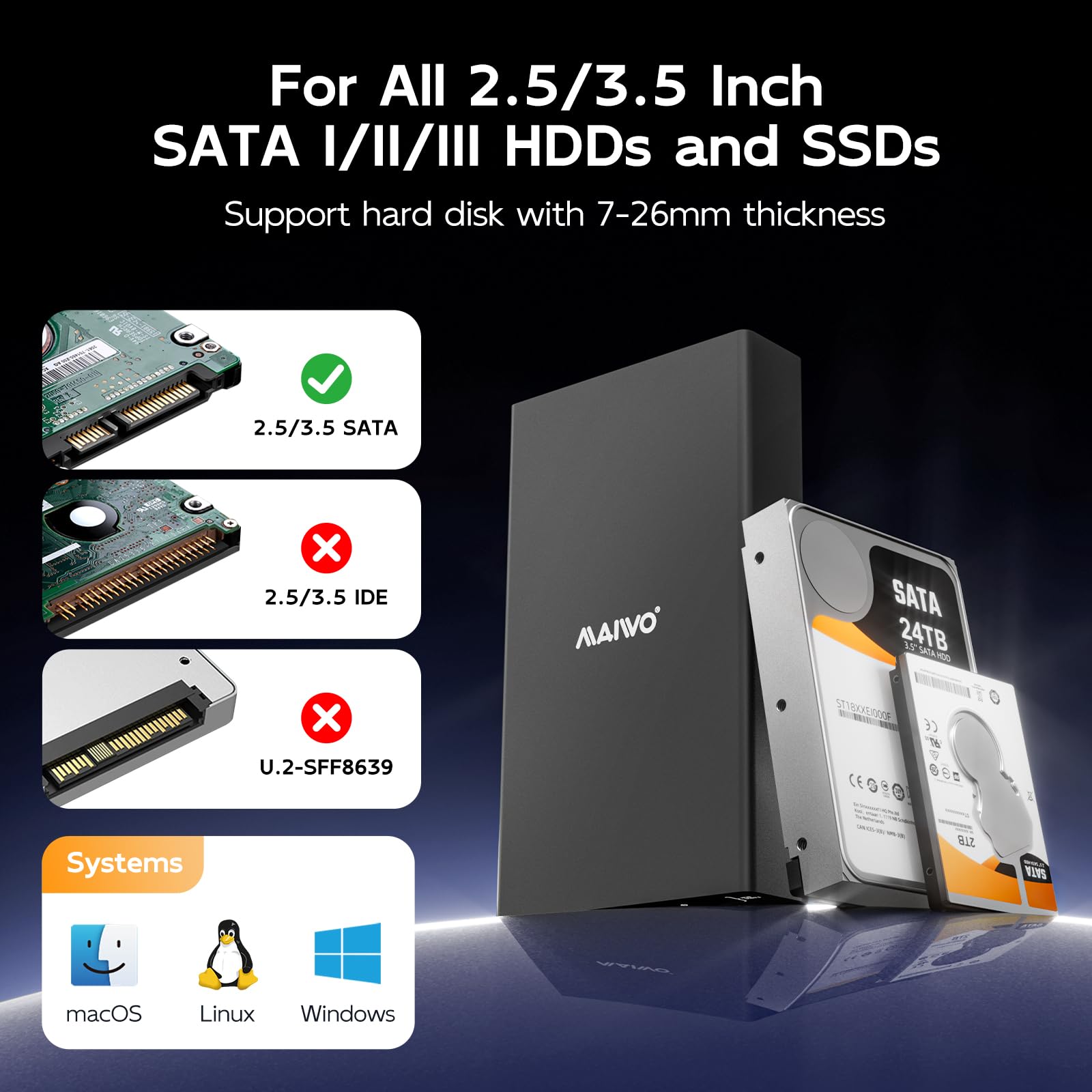 MAIWO Adaptateur USB 3.1 type C vers SATA pour disque dur externe 2,5/3,5" jusqu'à 18 To avec UASP sans outil