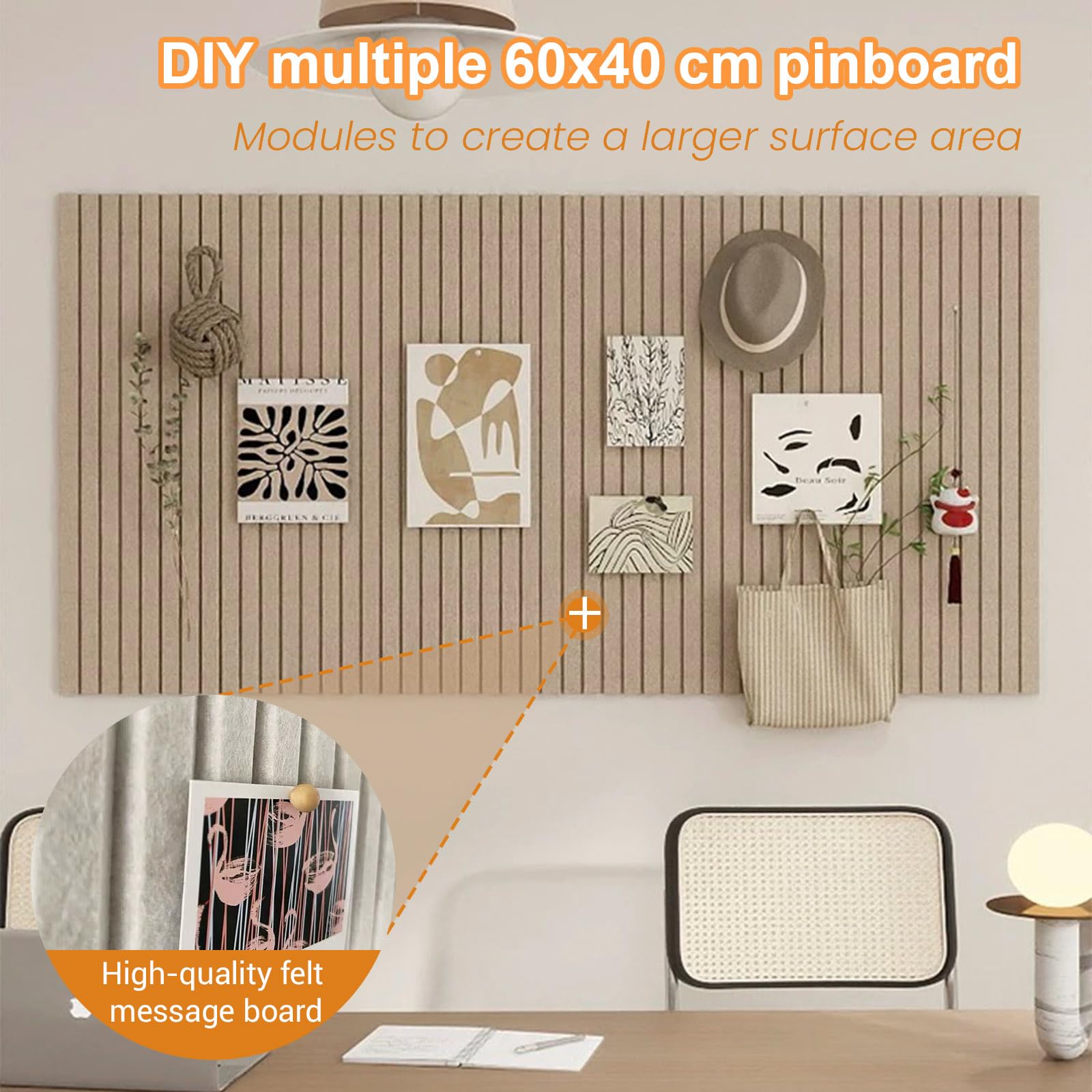 120 x 90cm Große Filz Pinnwand Selbstklebend,vertikaler Streifen dekorative Pinnwand aus Filz,Filzboard, faltbare Fototafel Memotafeln Memo Boards Bulletin Board für Büro Küche,Dunkel Kamel