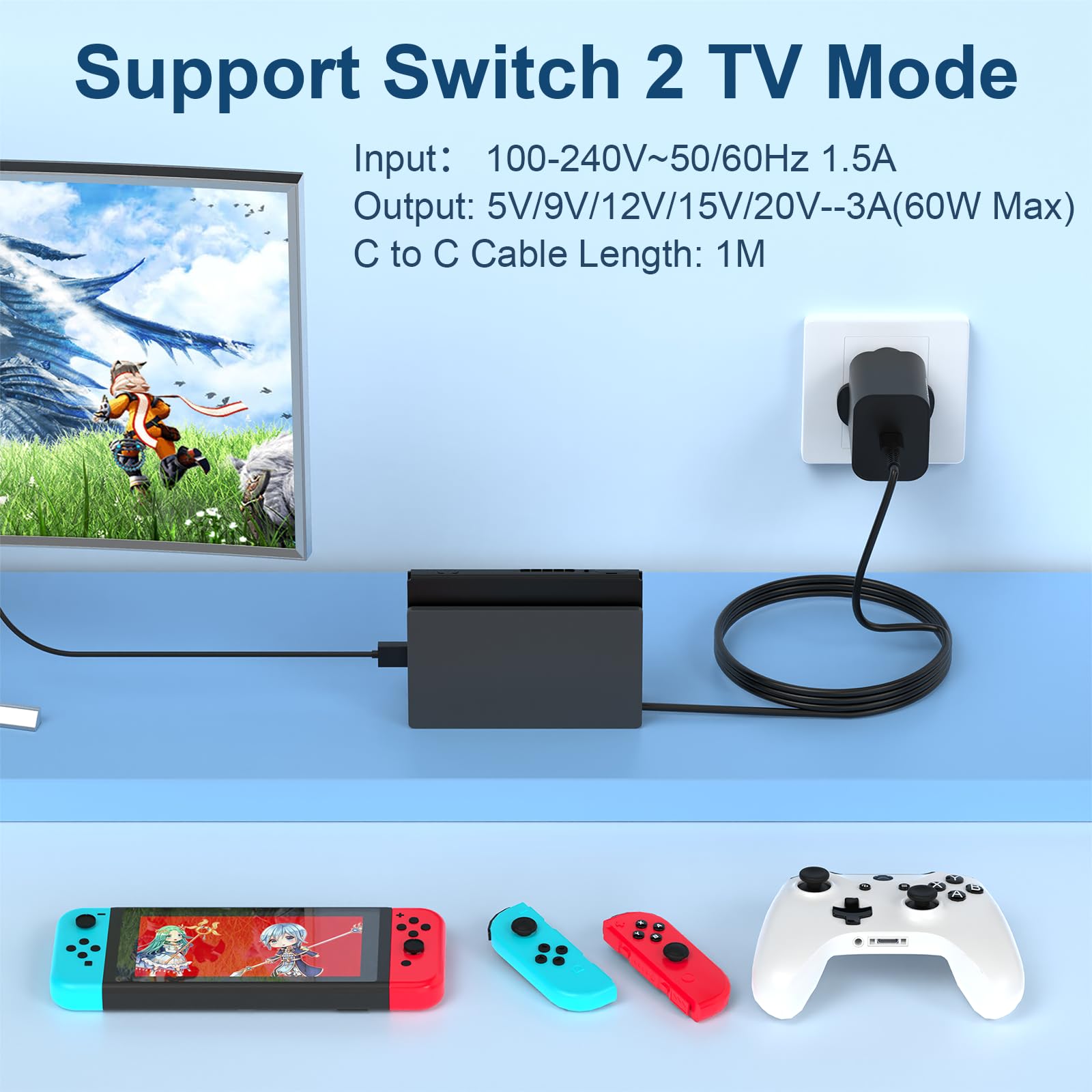 60W PD Charger Compatible with Nintendo Switch 2/Switch OLED/Lite/Dock Station/Steam Deck/Pro Controller Supports TV Mode All-in-One NS Fast Charger with 1M USB C Cable — view 4