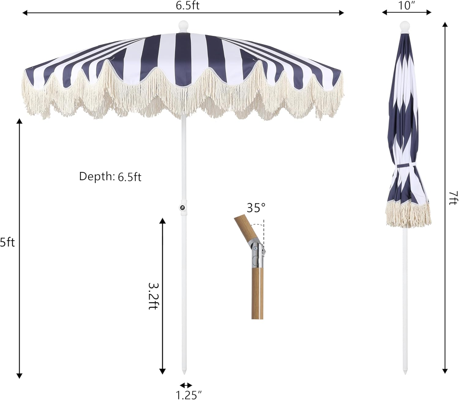 JONATHAN Y UMB1003N Mariner 6.5 ft. Cottage Fringe Tassel Market Beach Umbrella with Push Button Tilt, Wind Vent and UV Protection, and Matching Carry Bag in Navy and White Stripe/Cream, White Pole - Image 3
