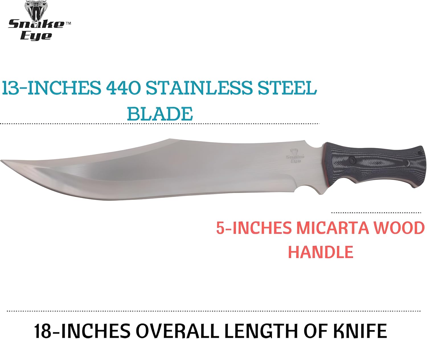 Snake Eye Tactical Hunting Raptor Knife with 18" Overall Length and 13" Clip Point Blade, Micarta Wood Handle