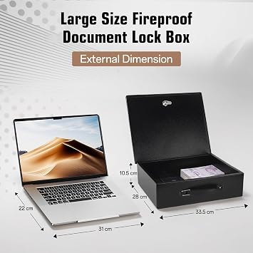 Fireproof Document Box, Large Document Safe Box with Key Lock and Handle, Portable Fire Proof Documents Storage Box for Personal Items, Passport, Cash, Tablet, Exterior, 33.5x28x10.5cm