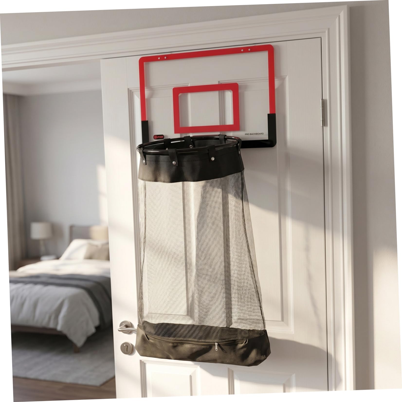 PRETYZOOM Basketball Platzsparend Roter mit Reißverschluss Wäschekorb und Universellen Haken Kunststoffnetz 106x40x33 Cm für Kinderzimmer und Studentenwohnheim
