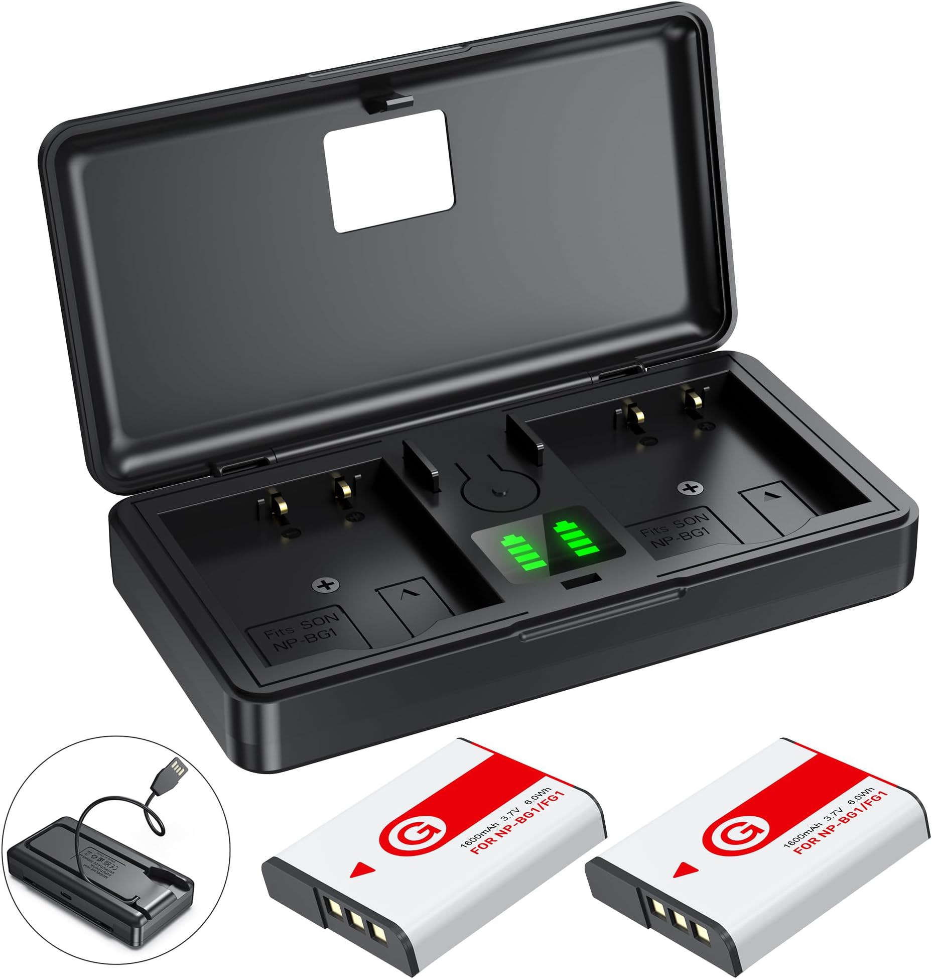 NP-BG1 Battery(2-Pack) and Charger(2CH) Set,Digital Camera Accessories Kit for Sony cybershot G Type Lithium Ion Replacement NP-FG1 DSC-HX5V,HX9V,W30,W50,W55,W70,W80,W630,Rechargeable Batteries Case