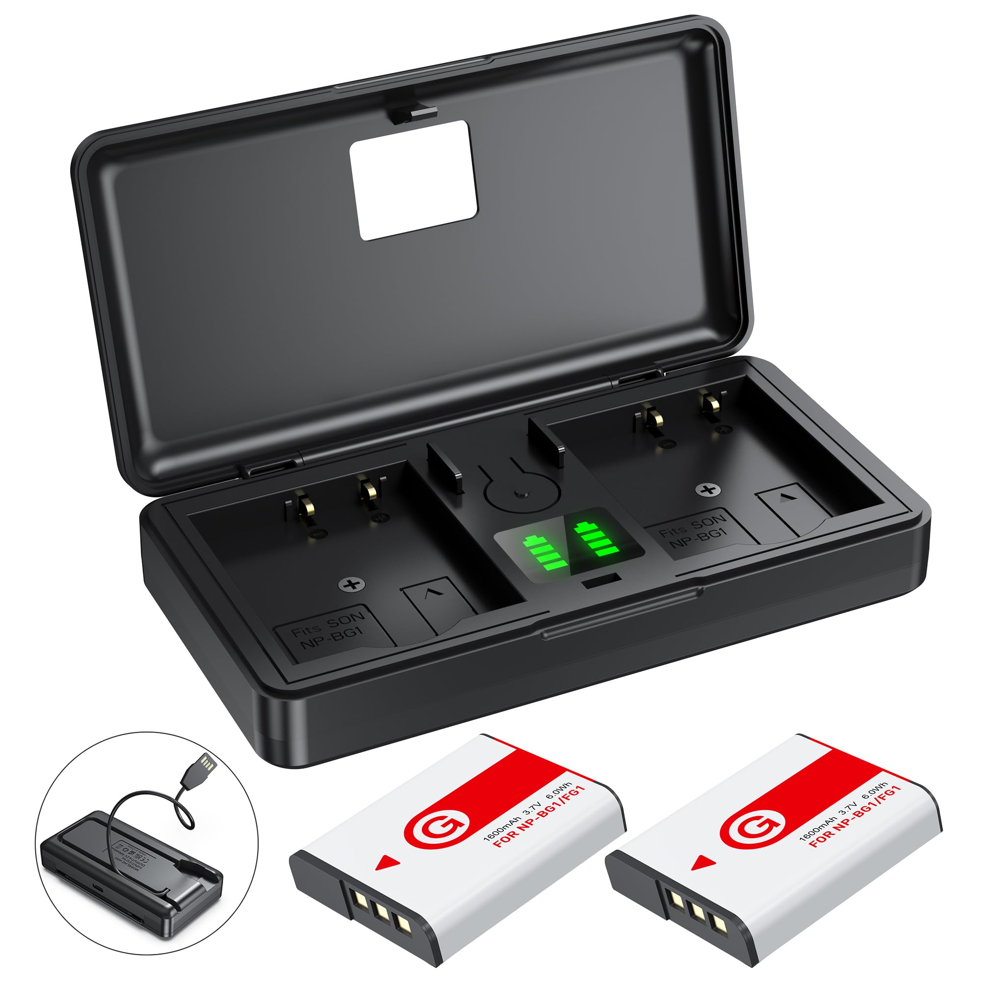 NP-BG1 Battery(2-Pack) and Charger(2CH) Set,Digital Camera Accessories Kit for Sony cybershot G Type Lithium Ion Replacement NP-FG1 DSC-HX5V,HX9V,W30,W50,W55,W70,W80,W630,Rechargeable Batteries Case