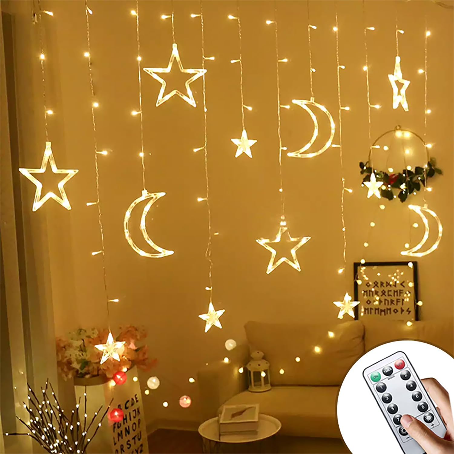 Ramadan Decoration Lights, Moon & Star Serial String Lights, 3.5M 138LEDs Ramadan Lights Remote Control Battery Powered 8 Modes Decoration Light for Home Outdoor Party Valentine's Day Gift