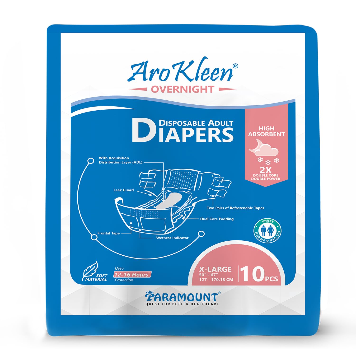 AroKleen 2X Dual Core Overnight 10 Count Adult Diapers Tape Style | Extra Large (XL) | Waist Size 127-170 Cm (50"- 67") | 16 hr Absorption Protection | Unisex | Leak Proof | Wetness Indicator- Pack of 1 (B09ZD6PPQH) Amazon Price History, Amazon Price Tracker