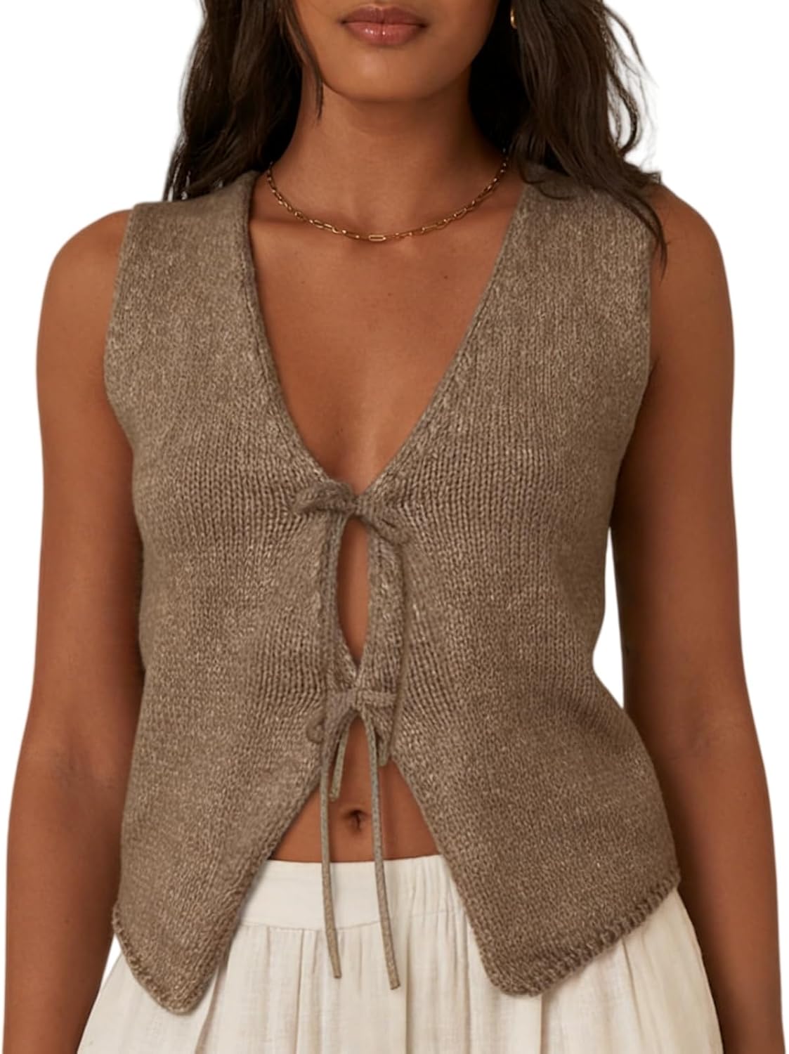 Women Sleeveless Knit Vest Top V Neck Open Front Tie Up Crochet Crop Top Casual Vintage Y2k Sweater