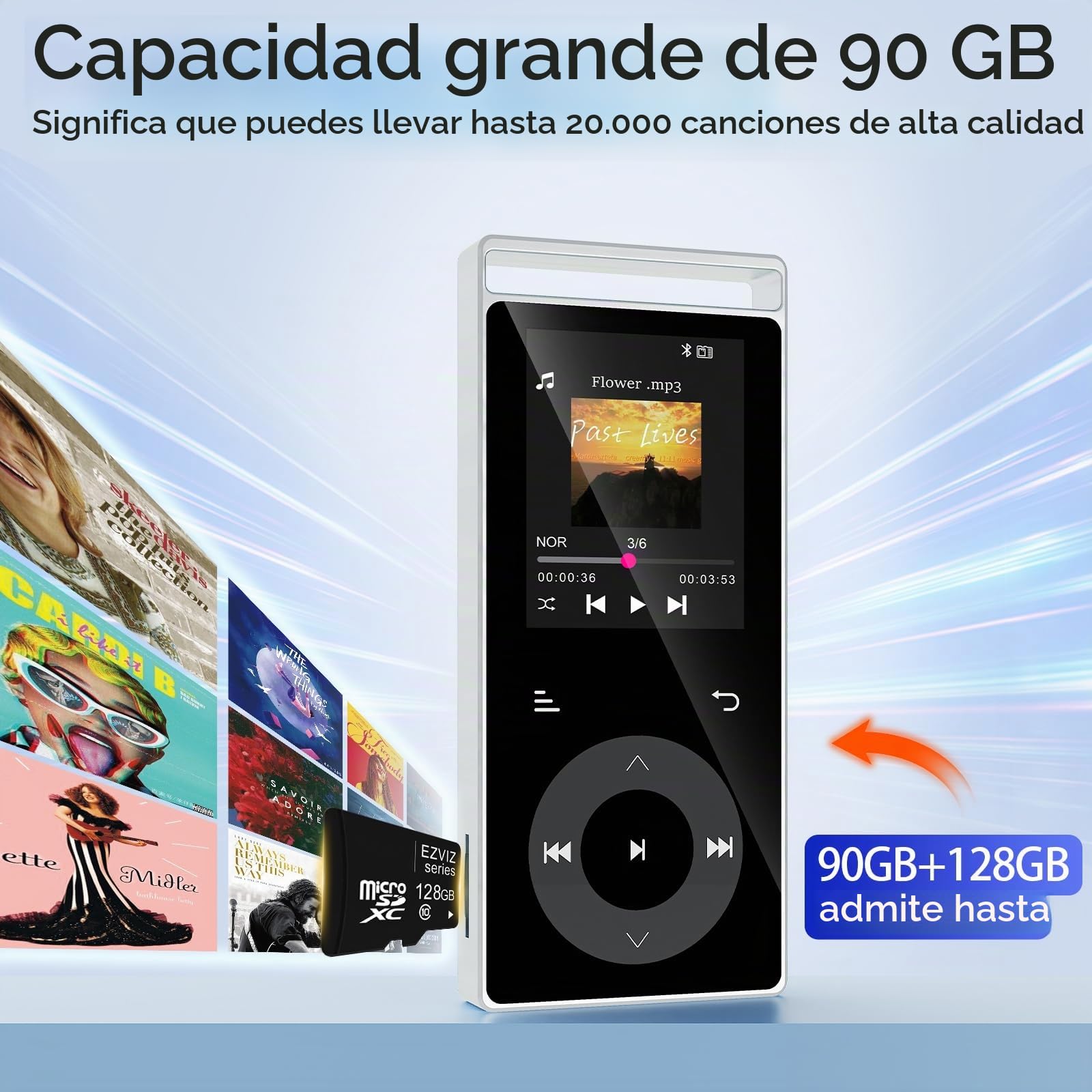 90GB Reproductor MP3 Bluetooth 5.3, MP3 Player de HiFi para (Argento)