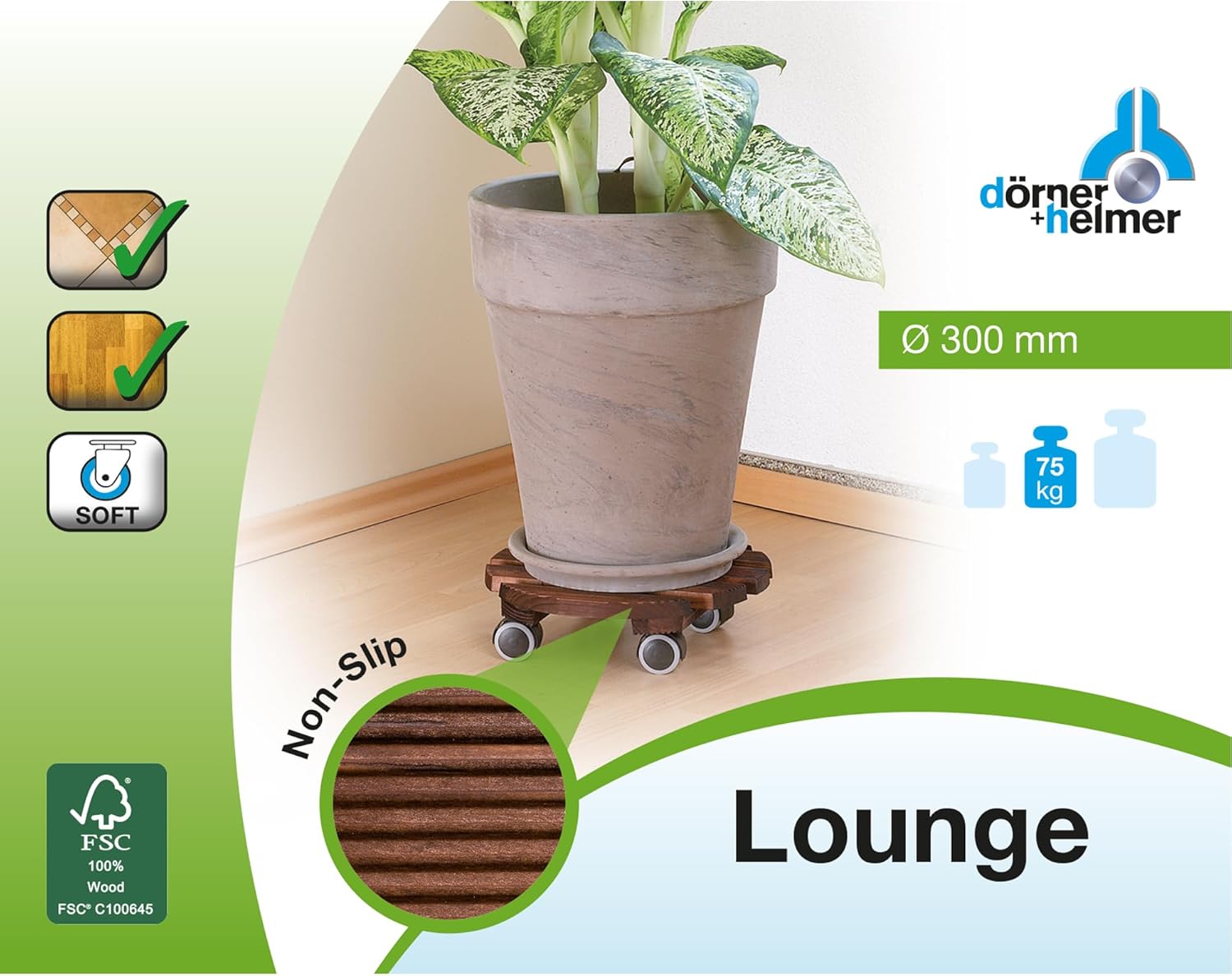 Plant Trolley Lounge Round 30 cm Diameter 75 kg Load Capacity for Sensitive Soil Types Dark Brown