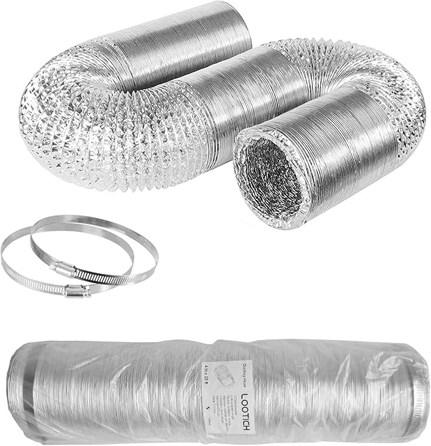 LOOTICH Rura elastyczna z aluminium, 102 mm średnicy, 8 m długości, wąż powietrza wylotowego, do wentylacji HVAC, w zestawie z 2 obejmami do węża ze stali nierdzewnej