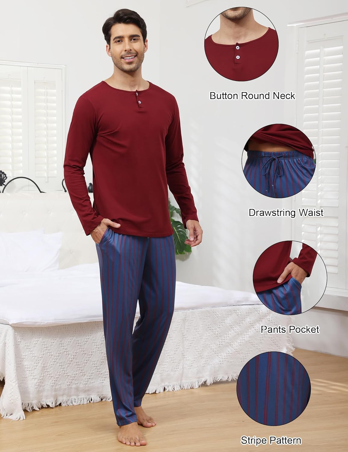 Mens Pajamas Set Cotton Long Sleeve Pjs Set with Stripes Pants Soft Comfy Lounge Men's Nightwear Set with Pockets - Image 5